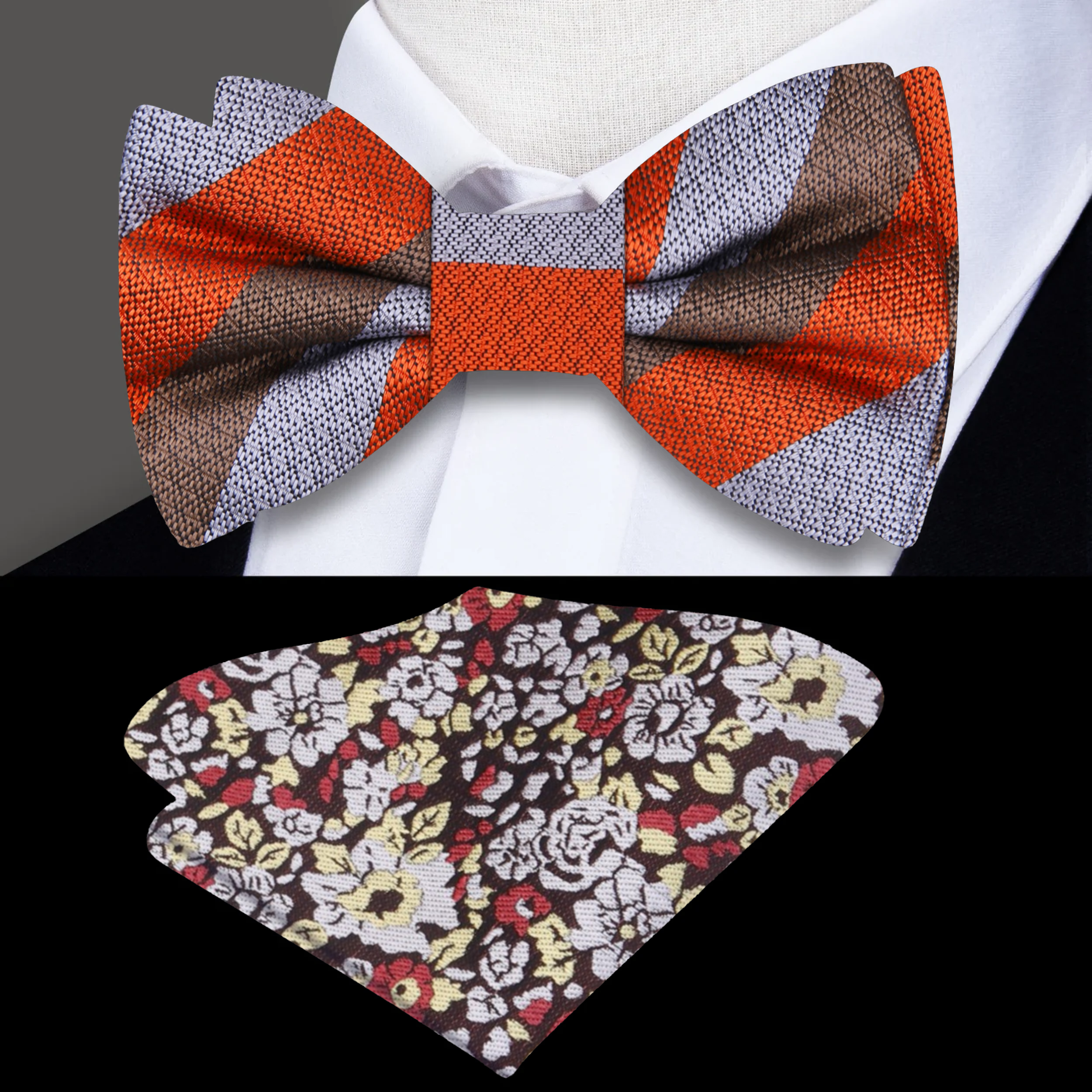 Close-up of Brenlow stripe bow tie with bold red, grey, and brown stripes, stylish for formal wear