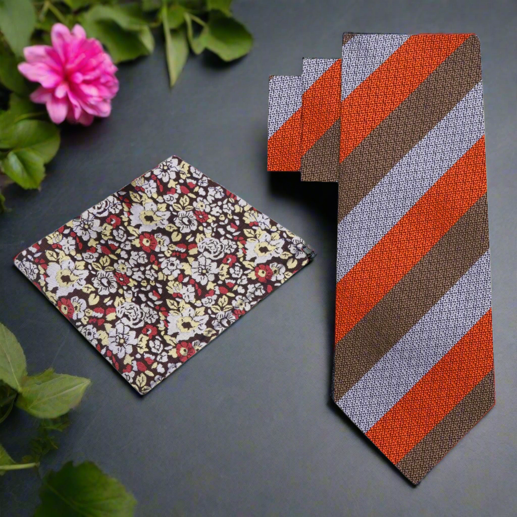 Elegant silk stripe necktie in brown, red, and grey for formal events