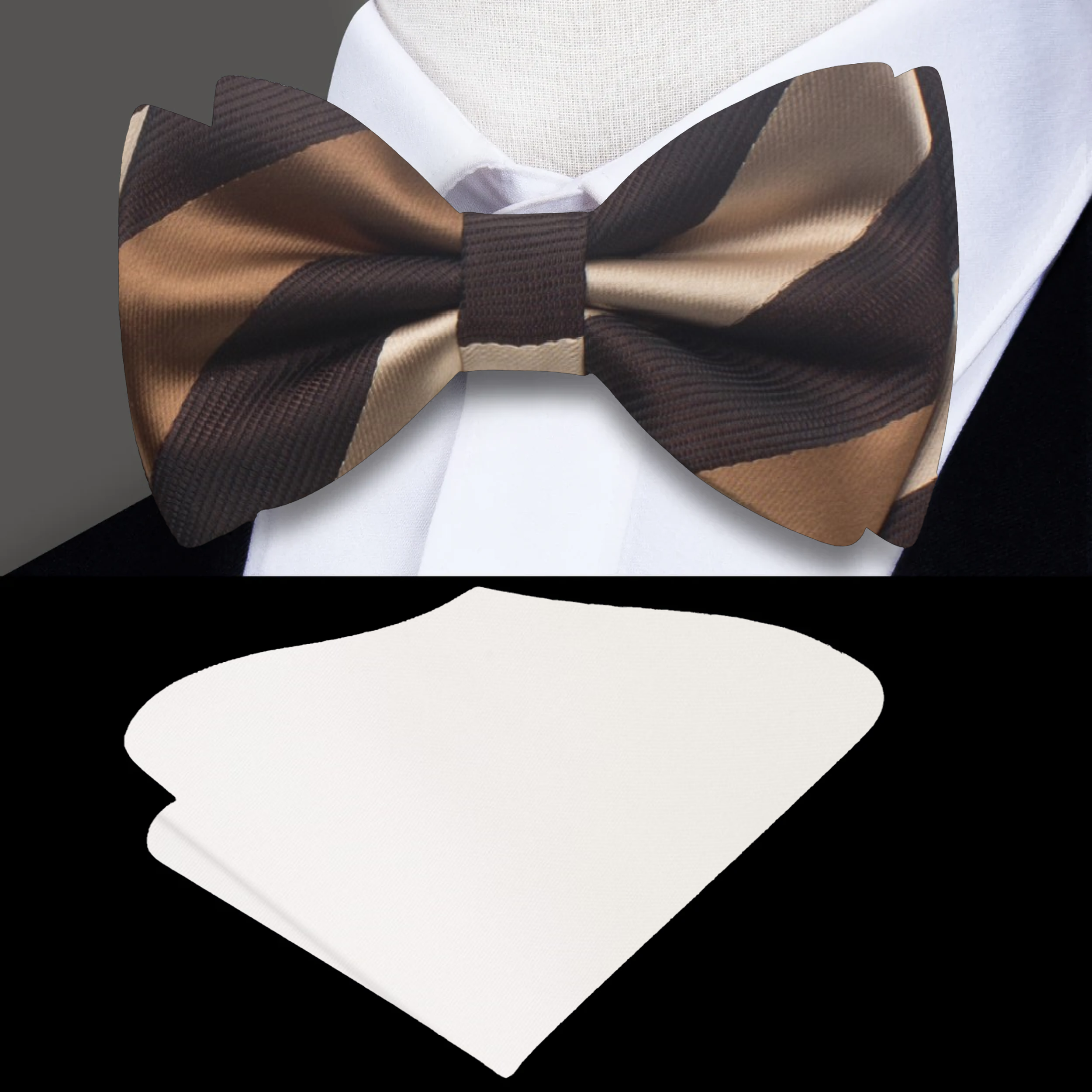 Elegant silk bow tie in shades of golden brown worn with formal attire
