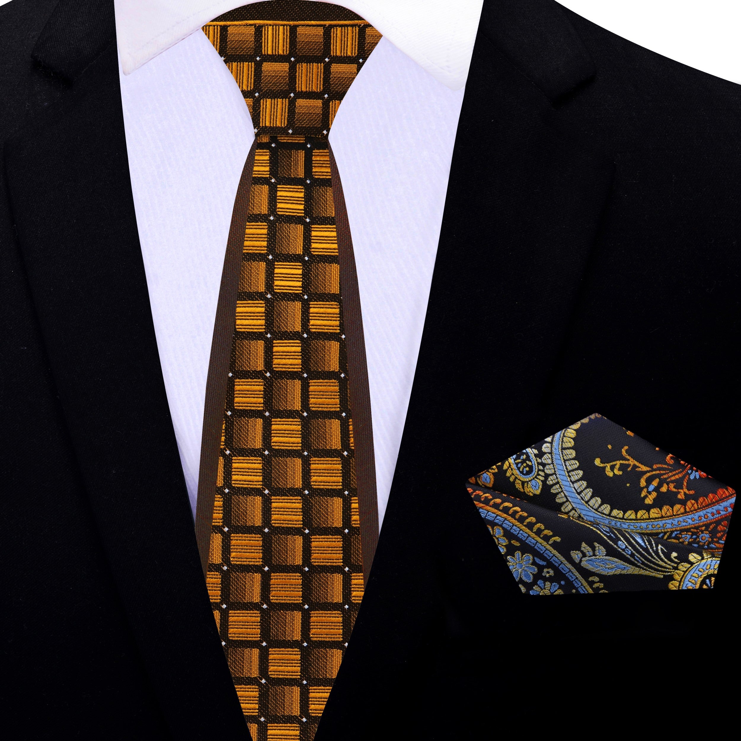 Model wearing a stylish orange necktie paired with a suit for a sophisticated look