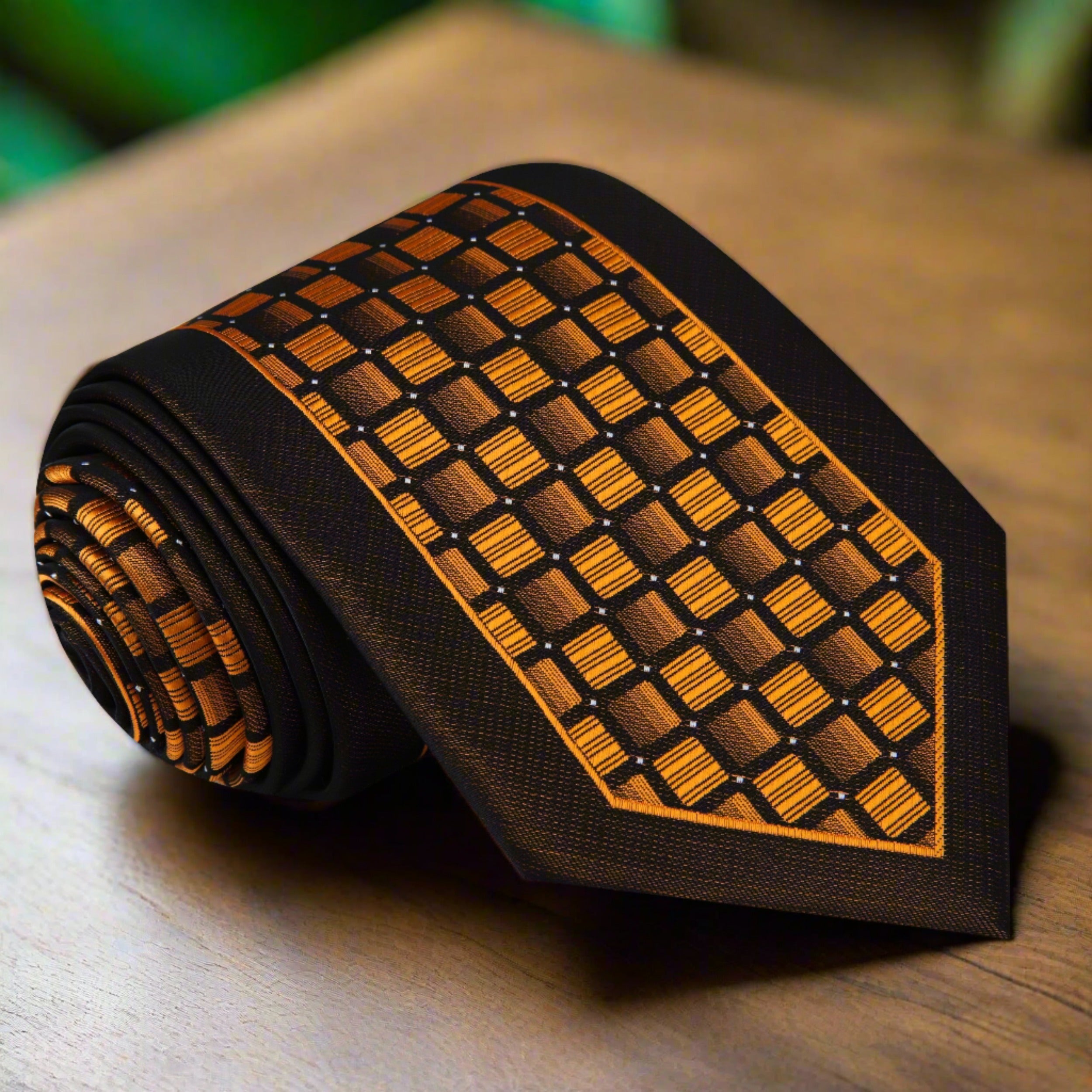 Vivid geometric silk necktie in golden orange and brown on a dress shirt for formal occasions
