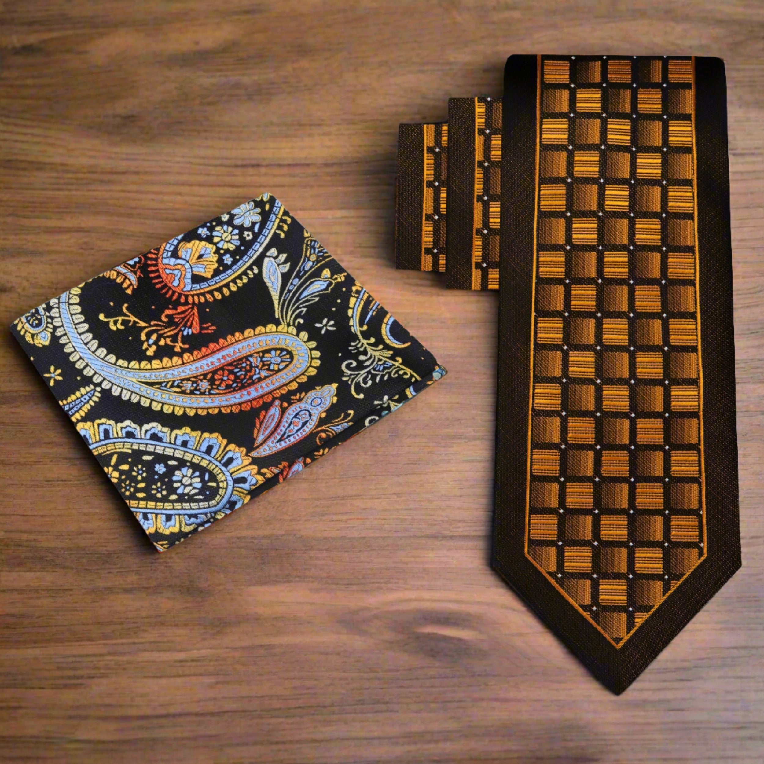 Vivid geometric silk necktie in golden orange and brown on a dress shirt for formal occasions
