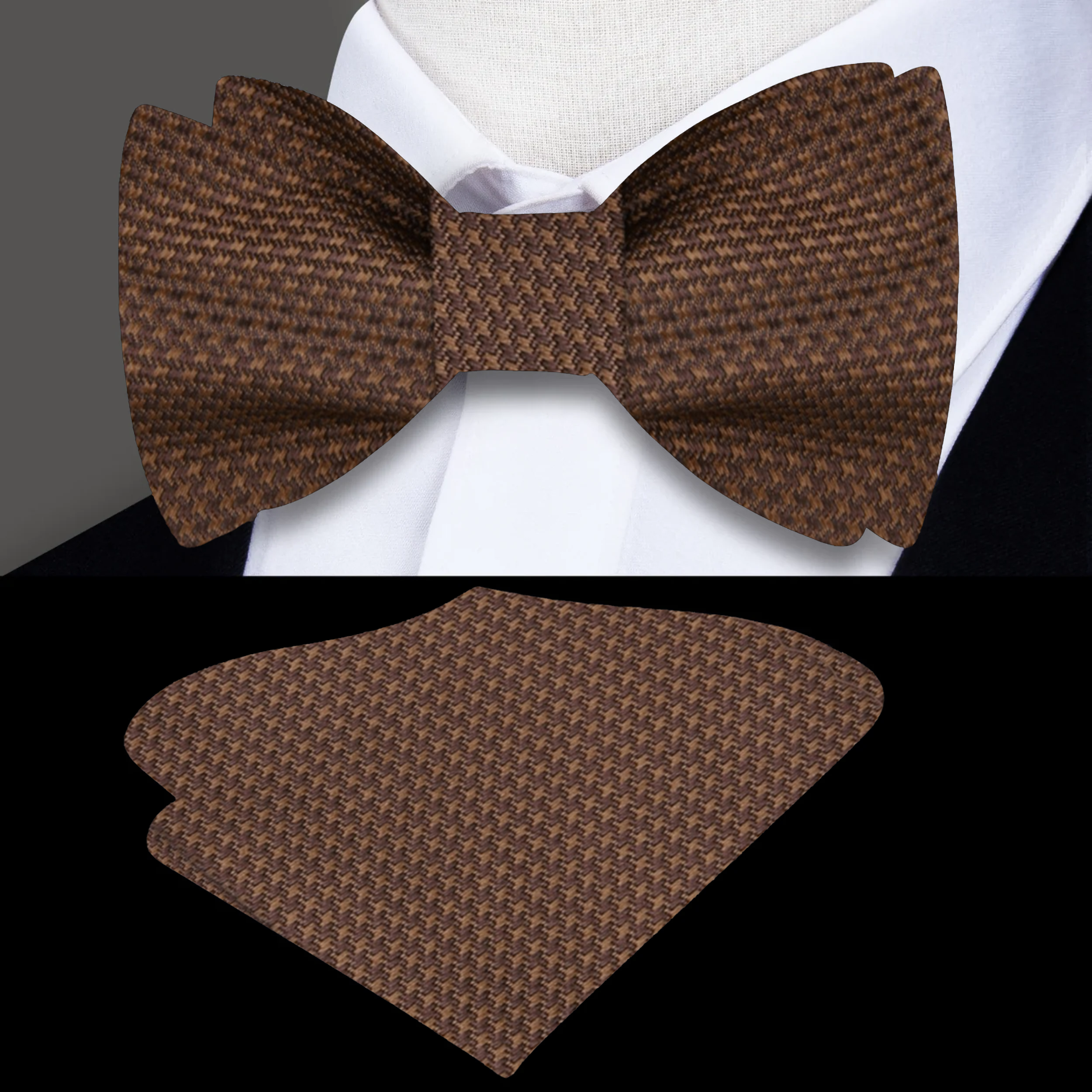 Brown houndstooth bow tie styled with a matching pocket square at a formal event.