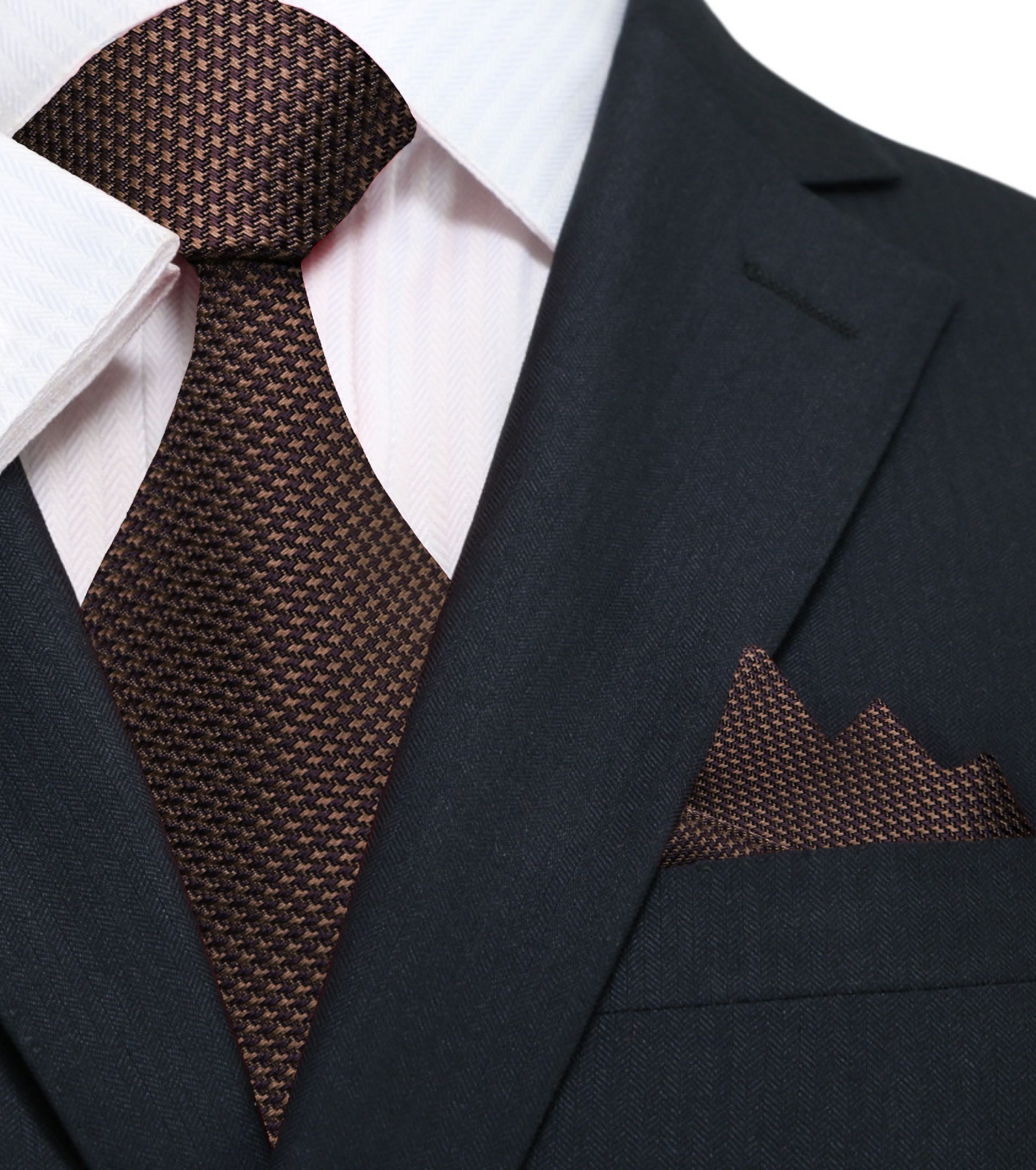 Styled view of the blue and white dress tie against a navy suit, ideal for business settings.