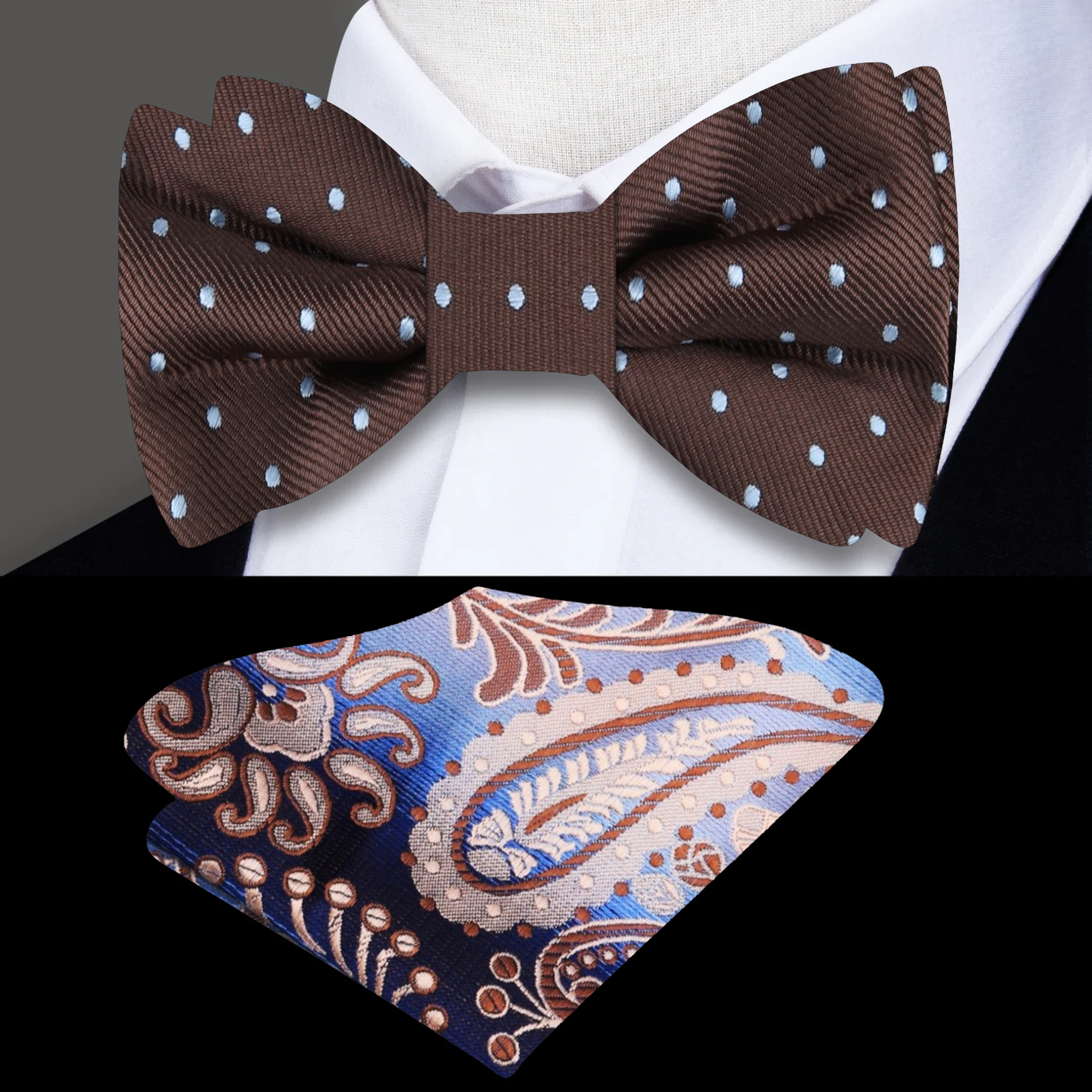 Styled outfit featuring polka dot bow tie with matching pocket square