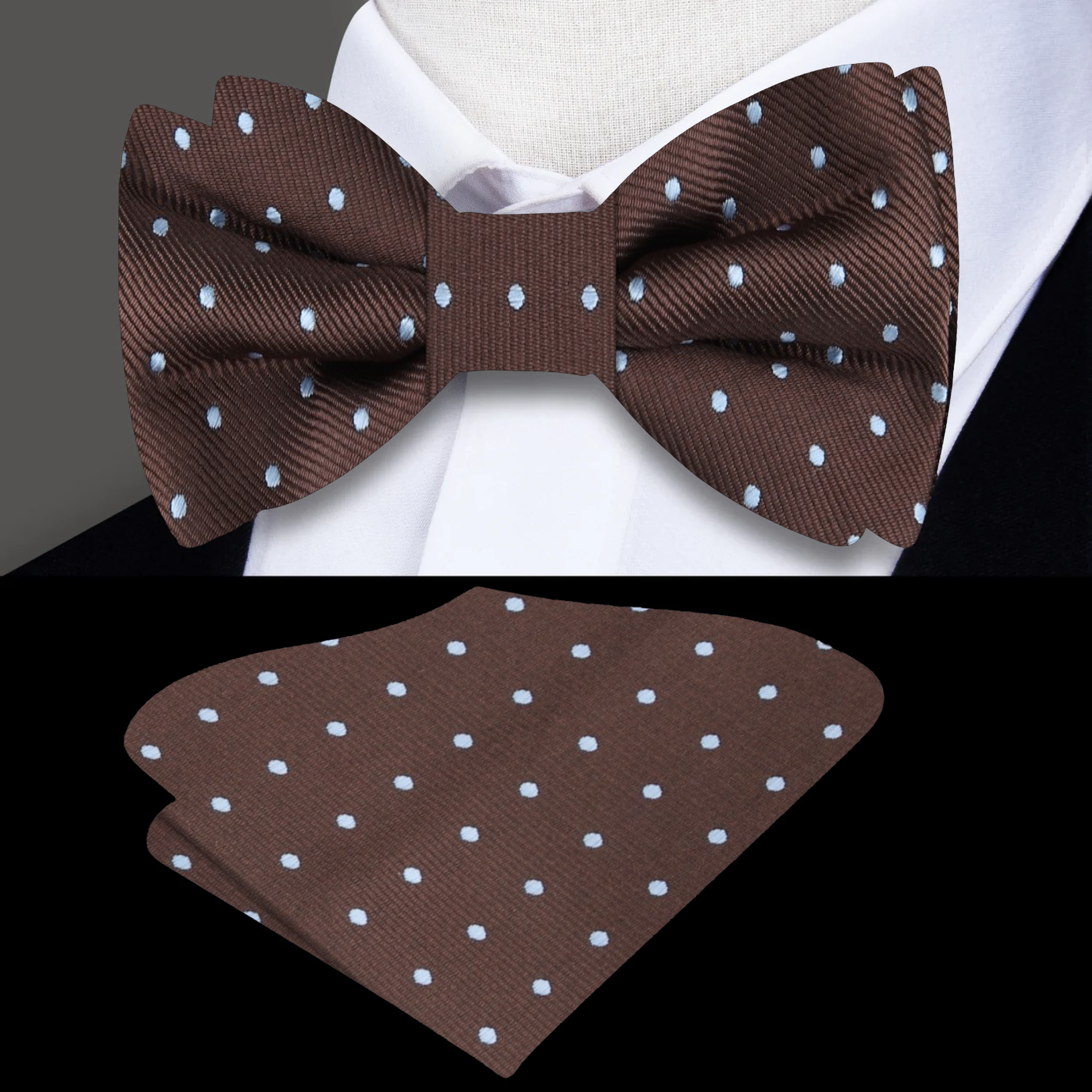 Close-up of brown silk polka dot bow tie showing detailed pattern