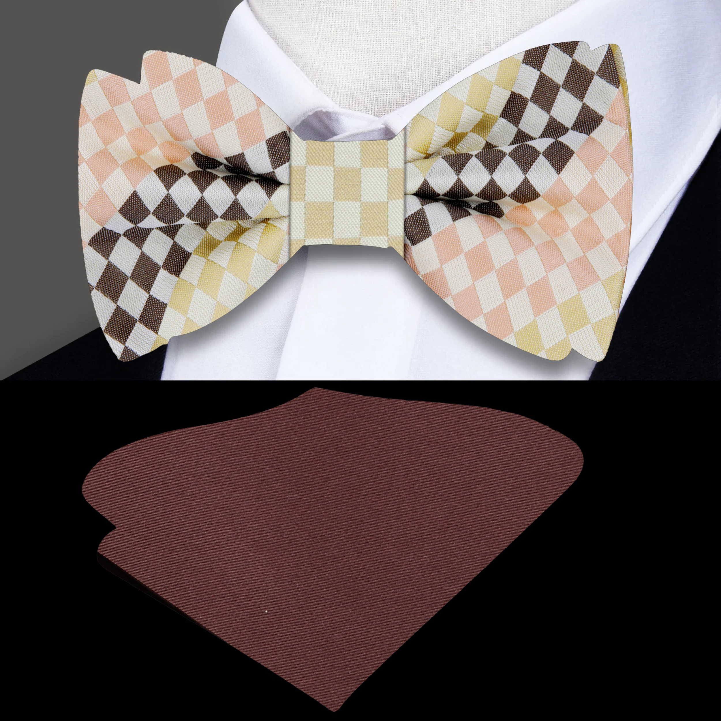 Silk peach check bow tie displayed elegantly on a wooden table, showcasing its luxurious texture and vibrant colors.