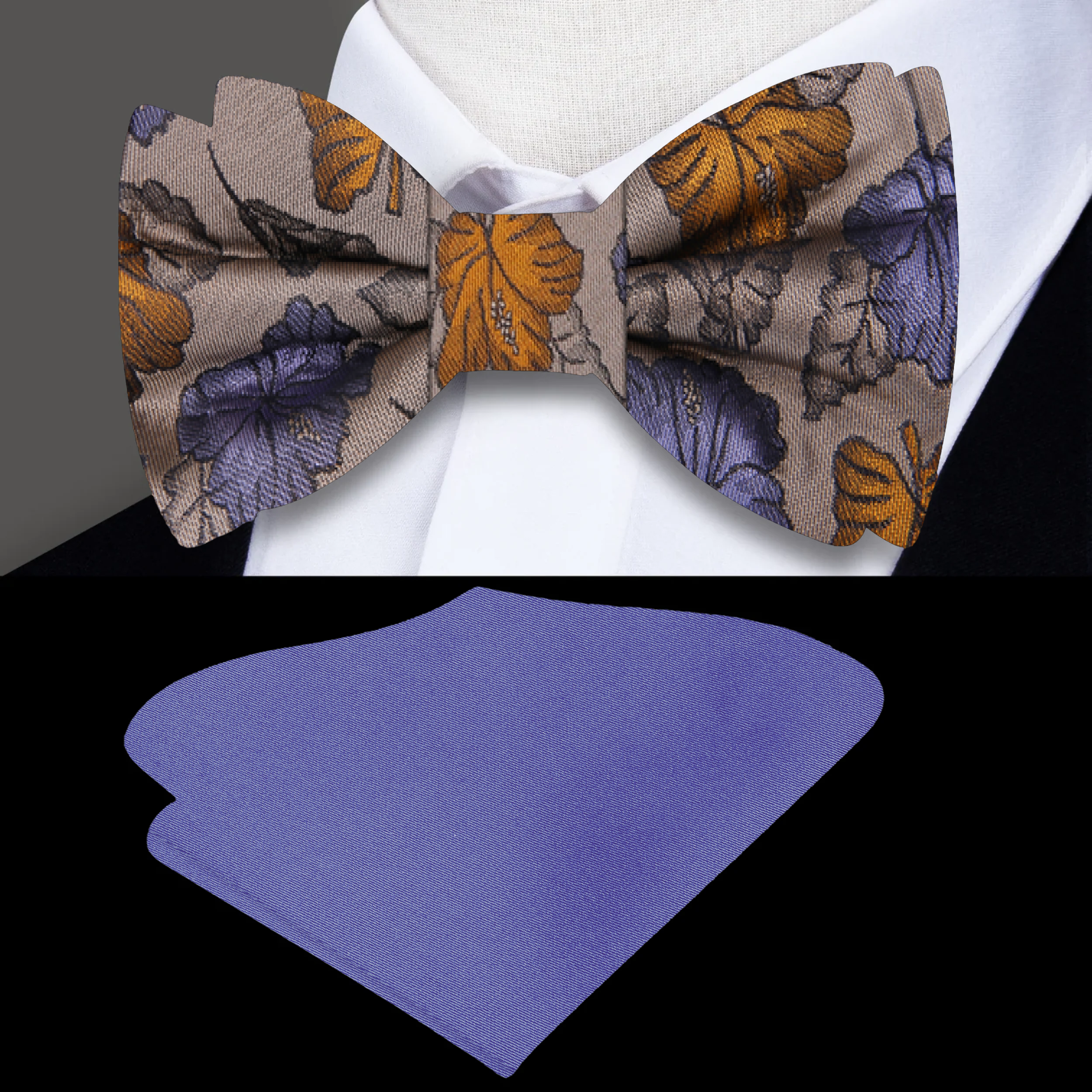 Elegant light brown floral silk bow tie displayed on a crisp white dress shirt, perfect for wedding attire.