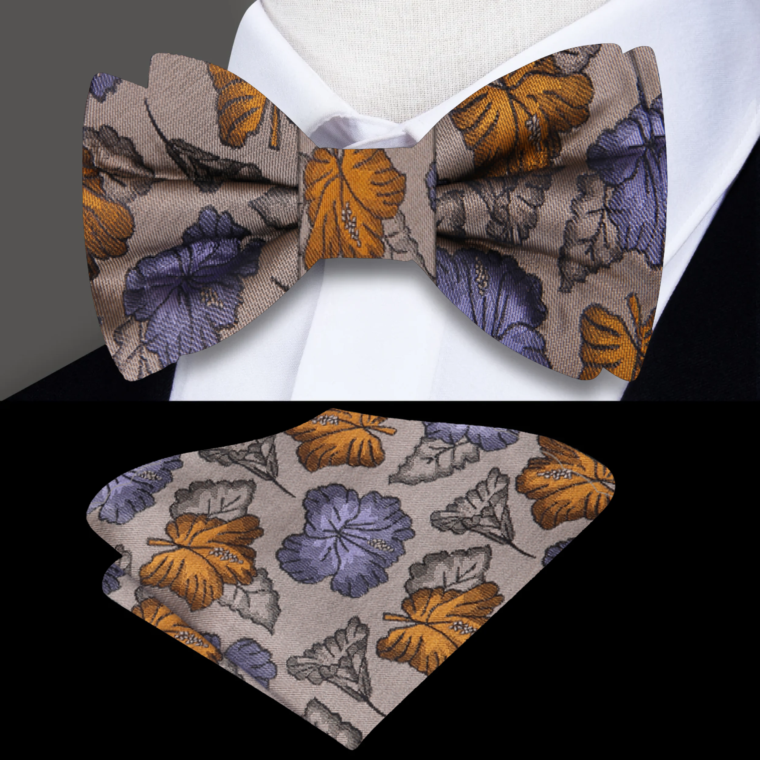 Charming floral bow tie paired with a light blue chambray shirt, ideal for outdoor celebrations.