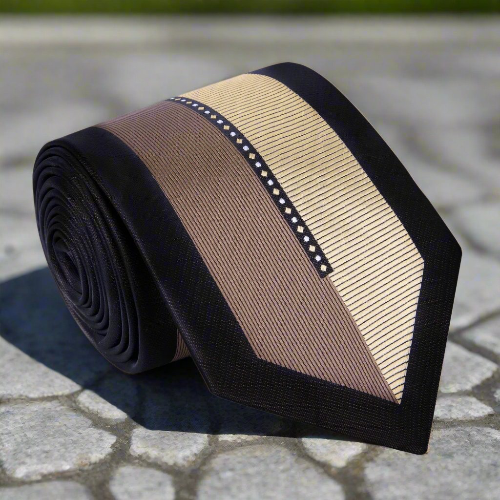 Close-up of the elegant brown silk necktie showing vertical stripes.