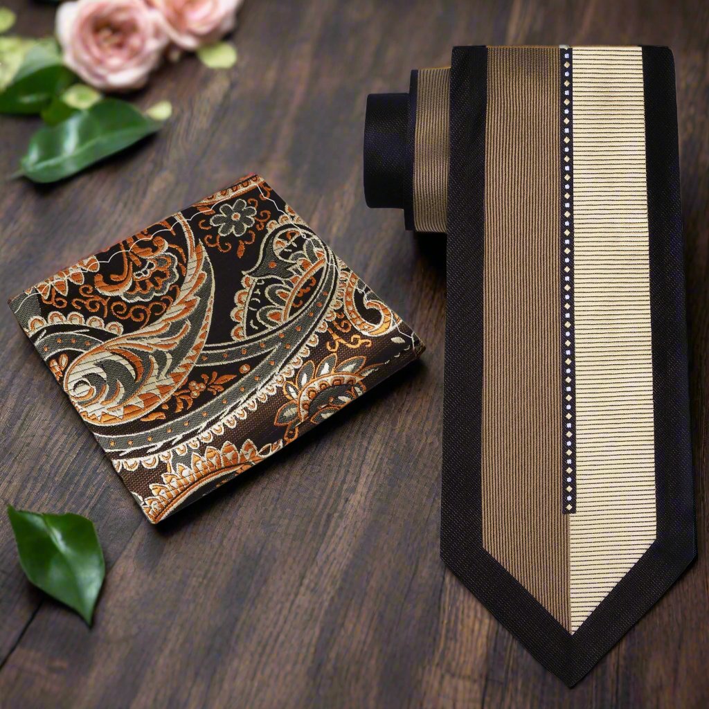 Close-up of the elegant brown silk necktie showing vertical stripes.