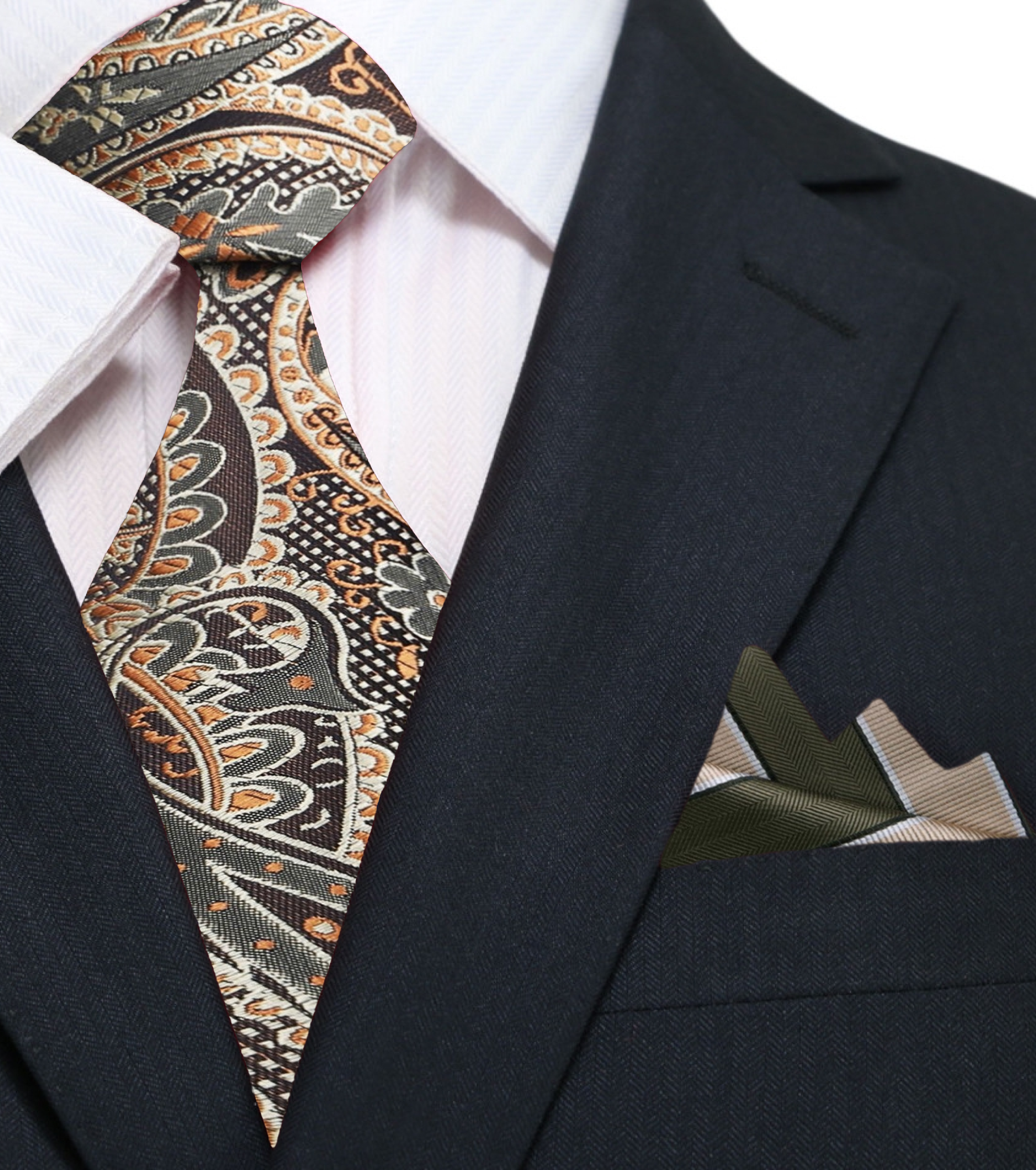 Man wearing dark brown paisley tie with navy suit at a wedding