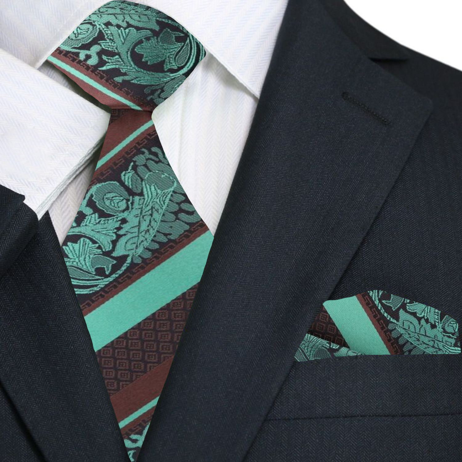 Luxury silk tie and handkerchief set displayed elegantly on a tailored suit, perfect for spring formal events.