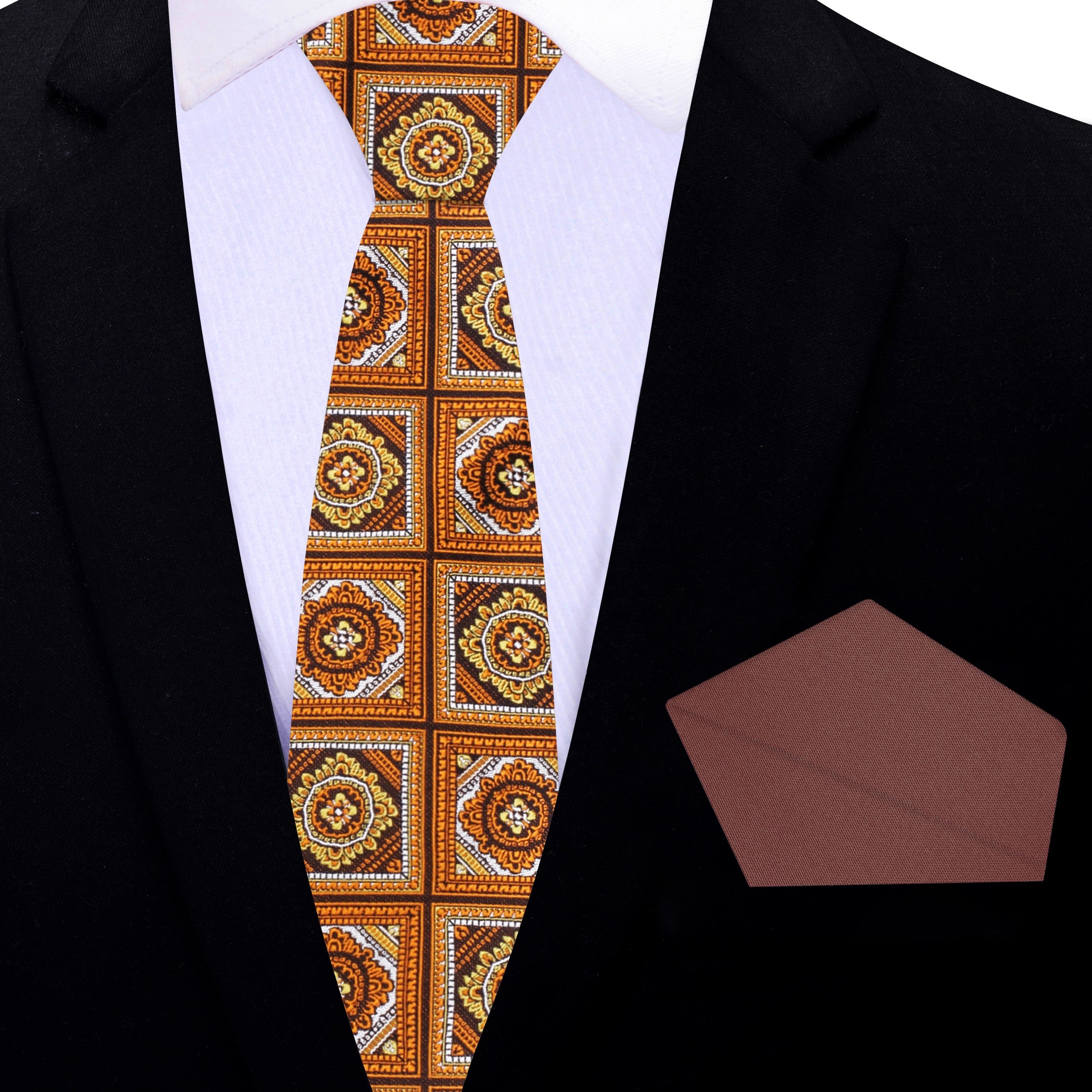 Styled shot of the mens geometric tie paired with navy suit for formal occasion