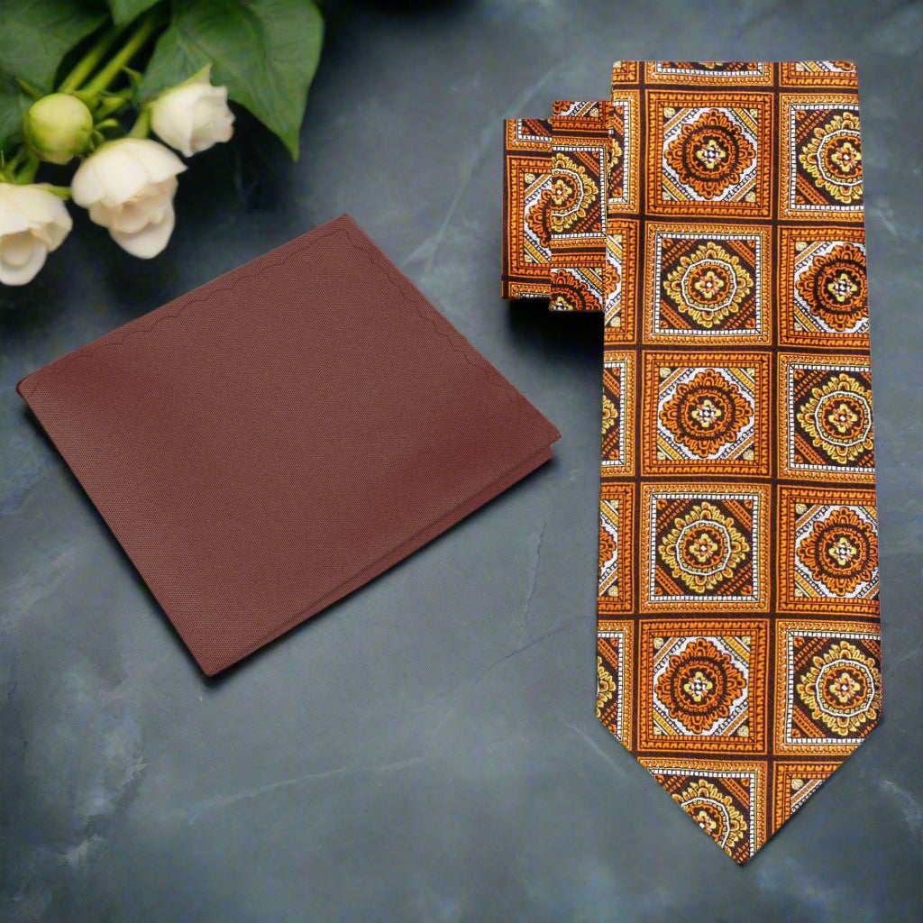 Close-up of Athens geometric necktie in orange and brown with detailed pattern