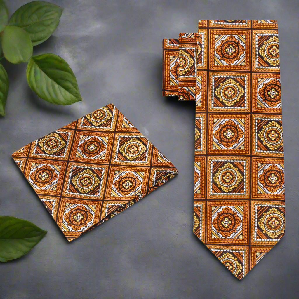 Close-up of Athens geometric necktie in orange and brown with detailed pattern