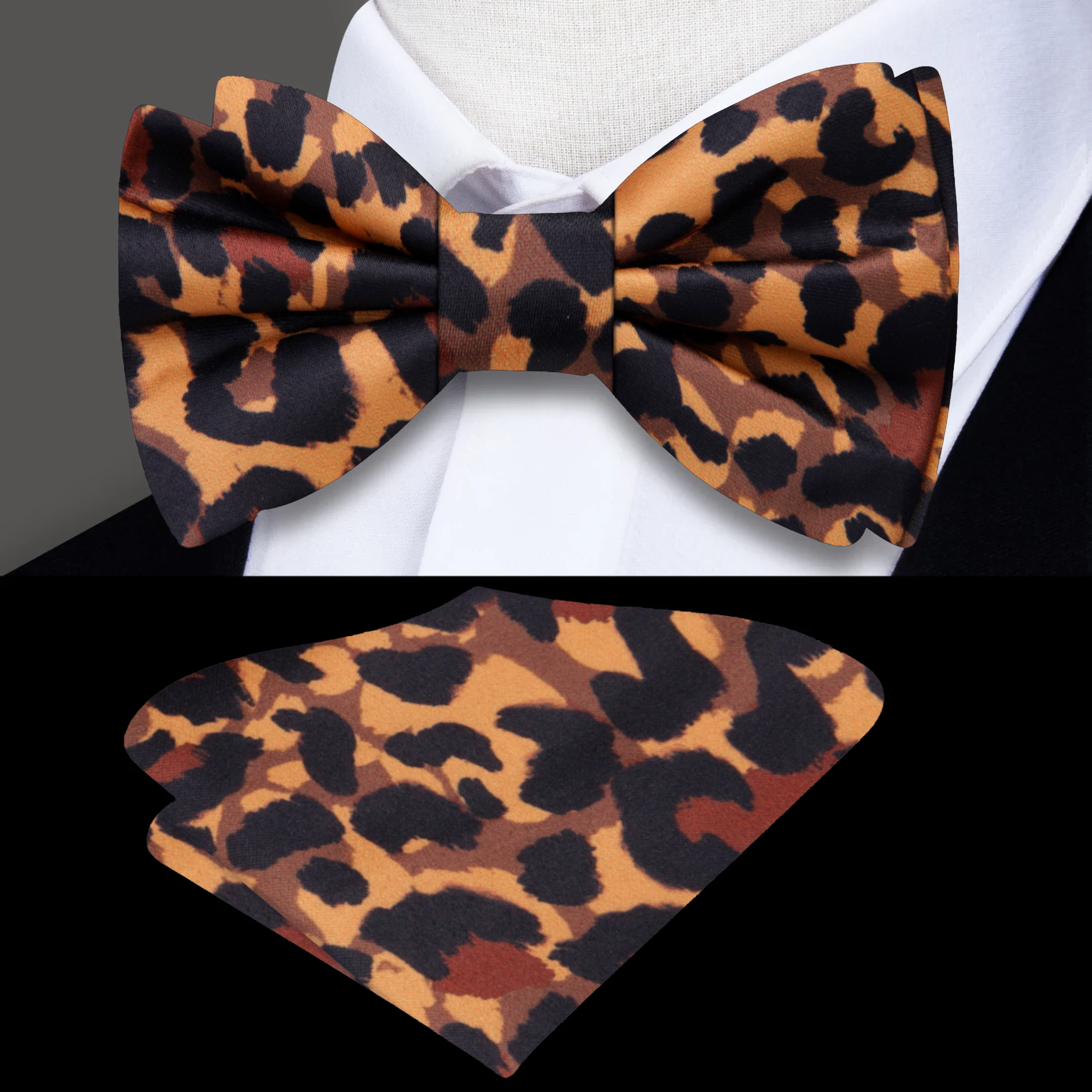 Elegant cheetah pattern silk bow tie styled with a dress shirt for formal events