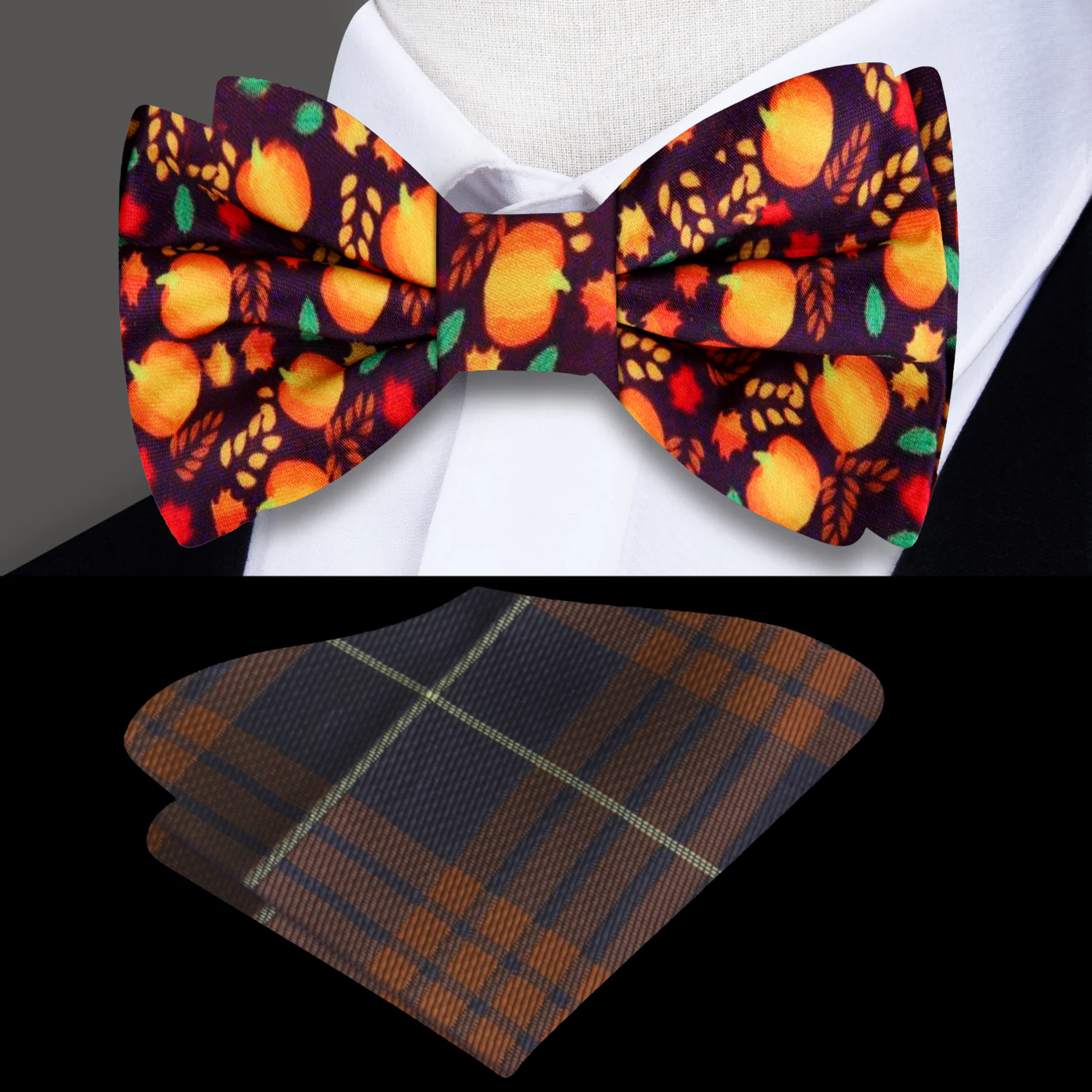 Close-up of fall leaves and pumpkin silk bow tie on a model for autumn wedding attire