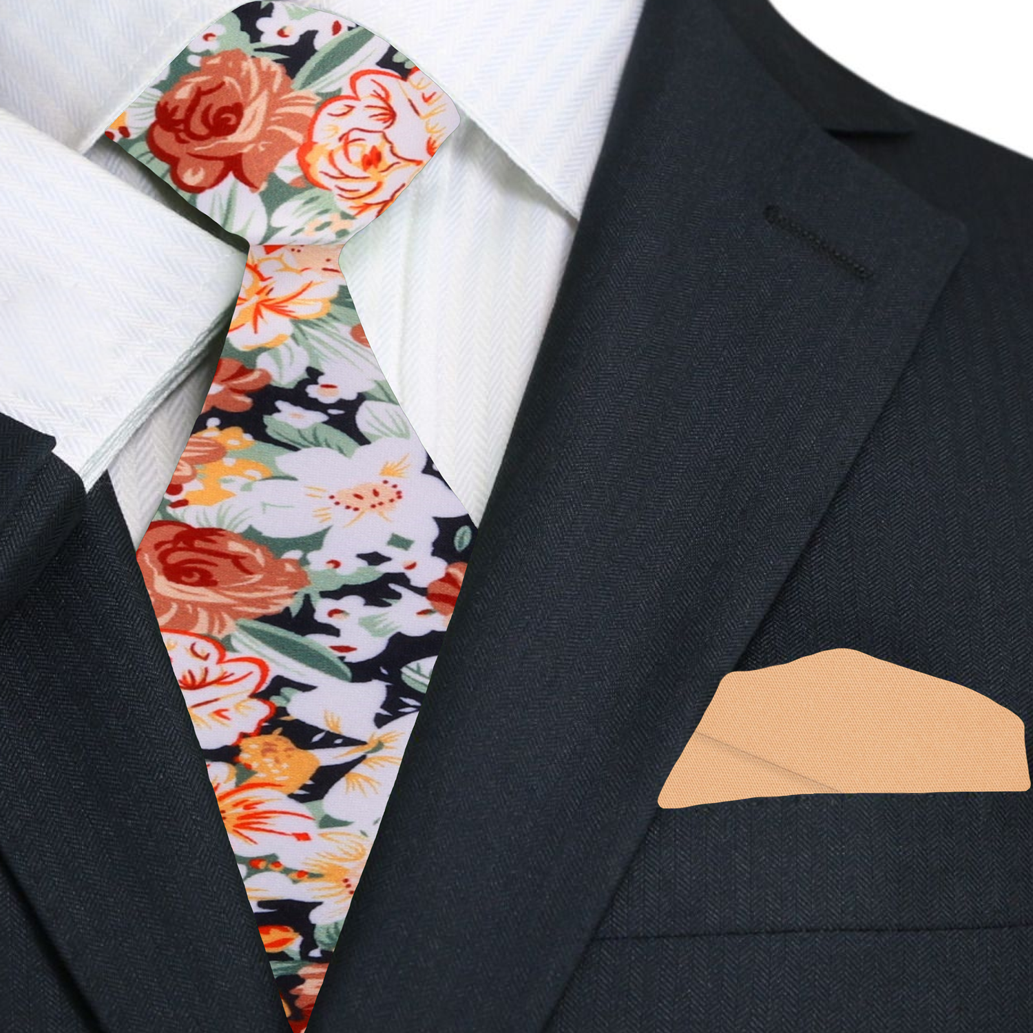 Model wearing hand-drawn floral tie with green suit at outdoor wedding
