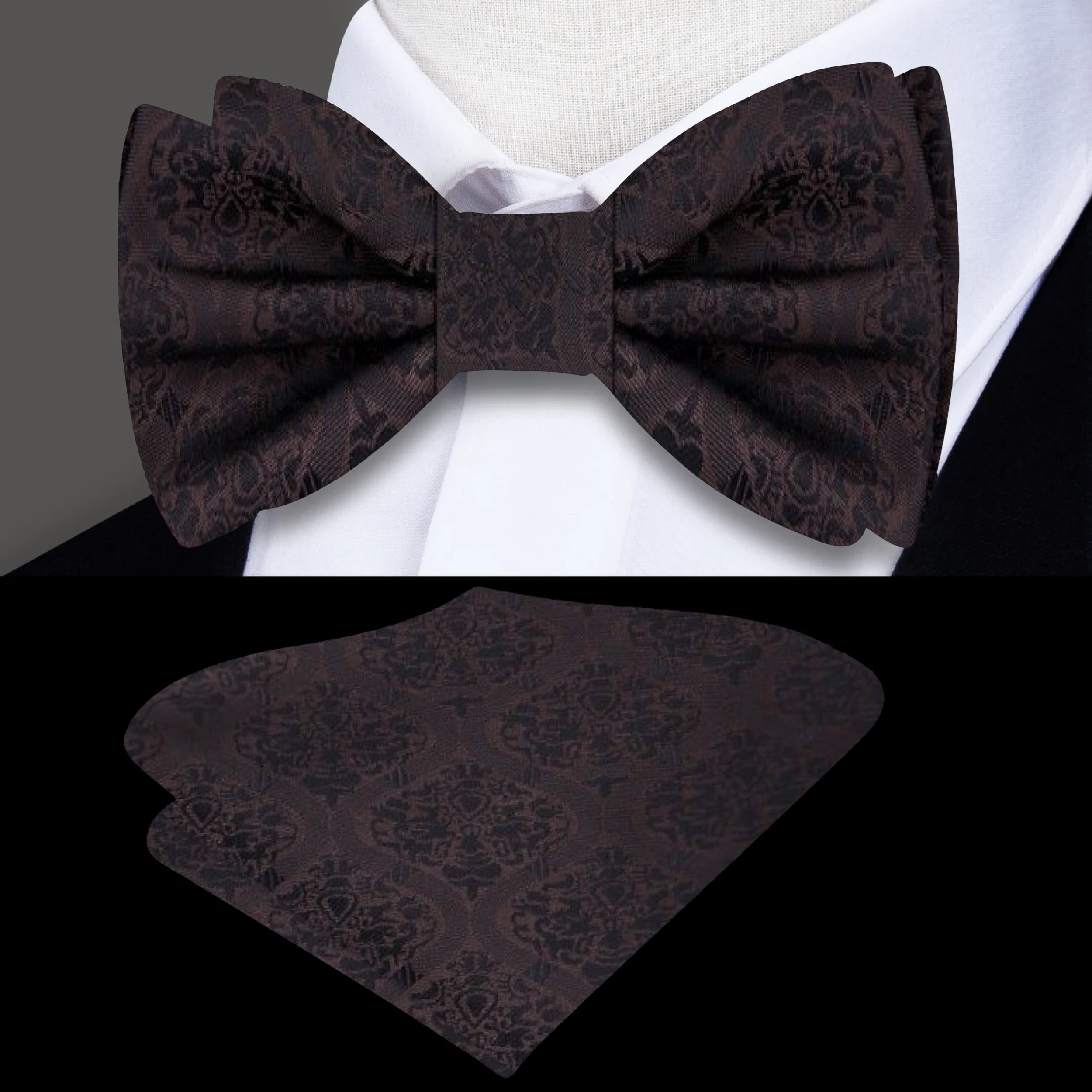 Flat lay of the silk bow tie alongside a matching pocket square, emphasizing its elegant design.