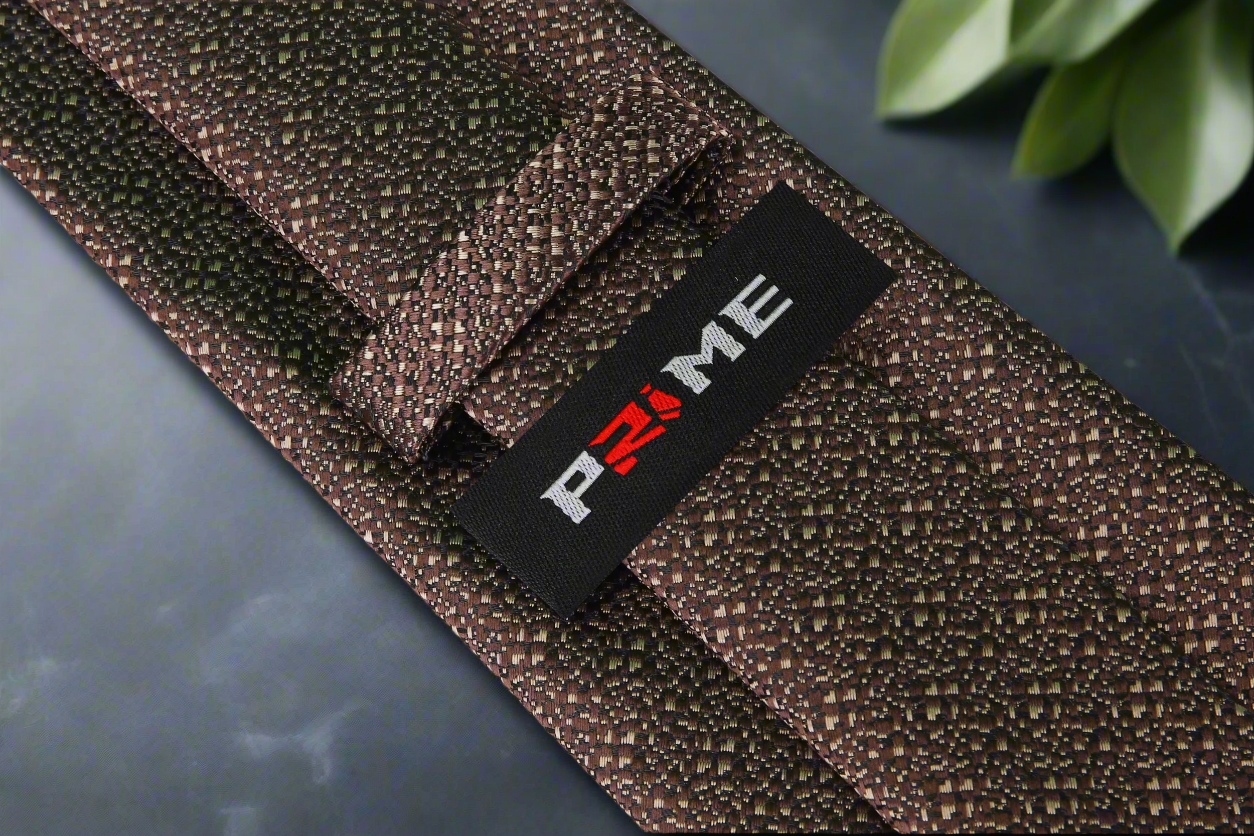 Luxury mens tie and pocket square set laid out against a beige background, highlighting the rich brown tones.