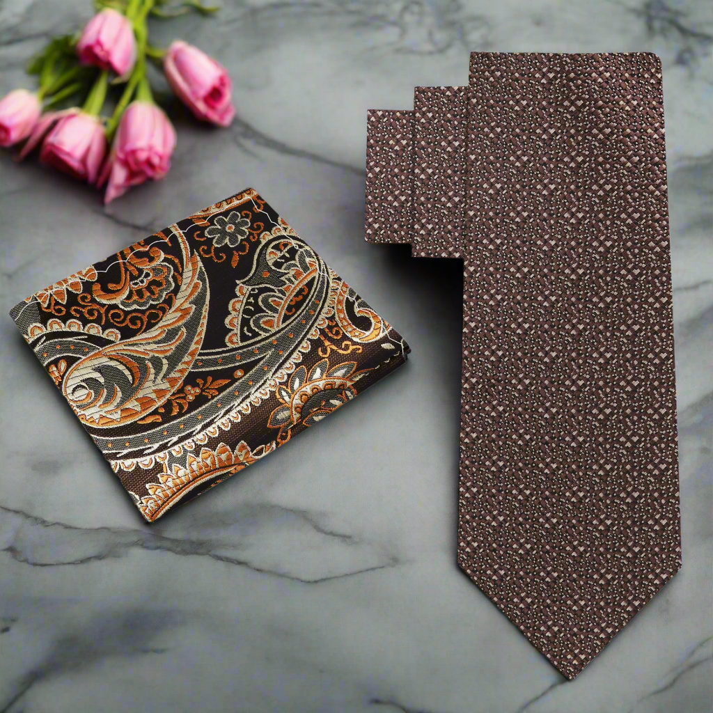 Elegant dark brown silk necktie displayed on a crisp white dress shirt, showcasing its textured design.