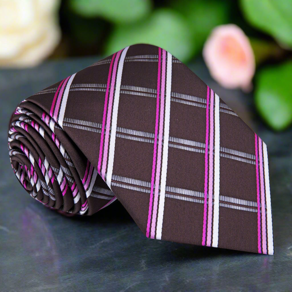 Dark brown silk plaid tie styled with a light pink dress shirt for fall wedding attire