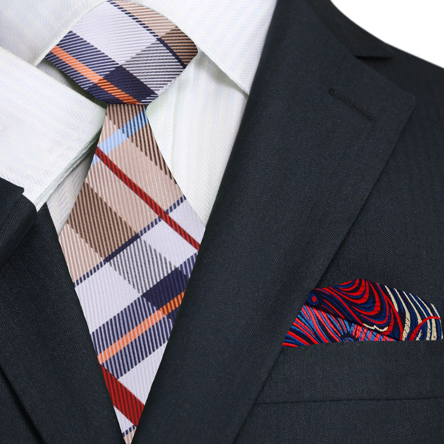 Close-up of the plaid pattern on the silk tie, highlighting the rich colors.