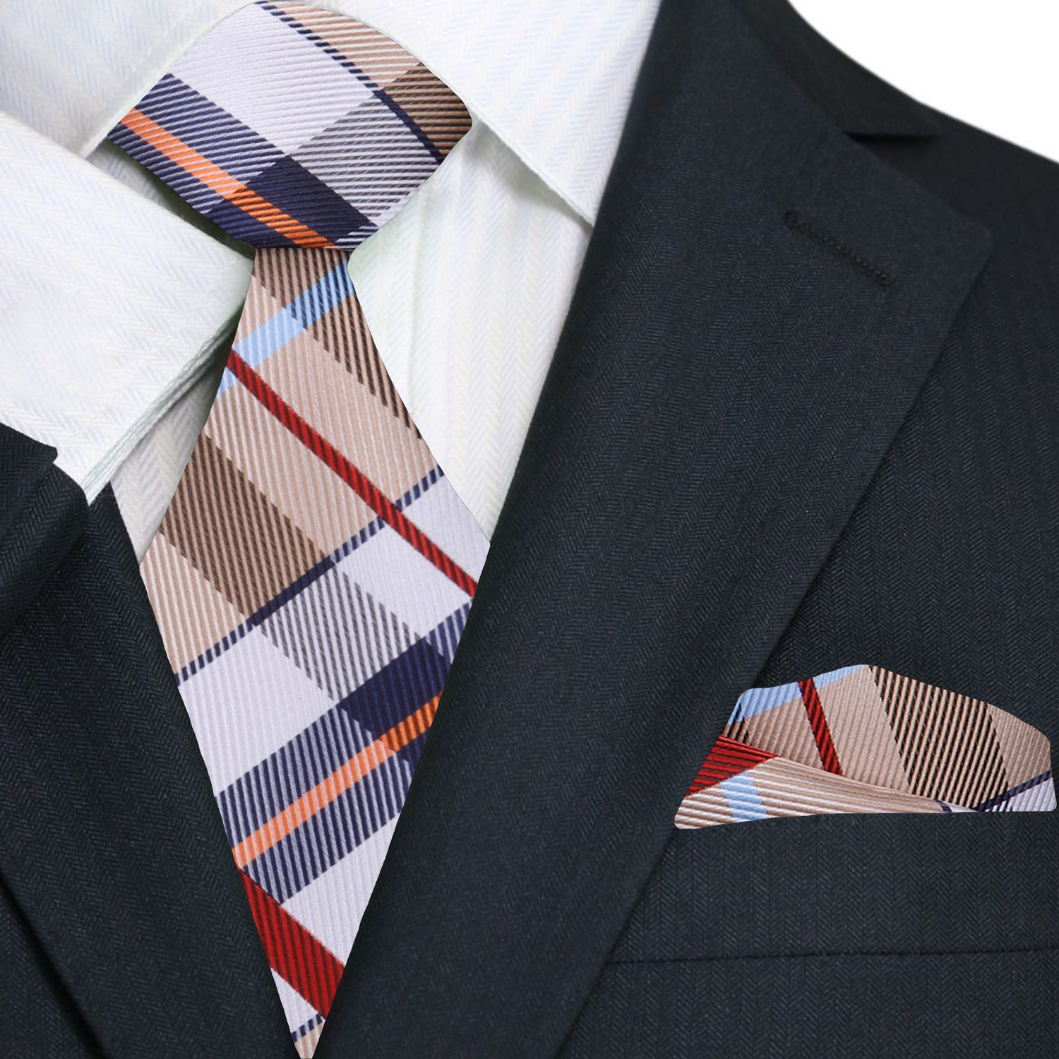 Man wearing the Colbridge plaid silk tie with a navy suit at a formal event, exuding confidence.