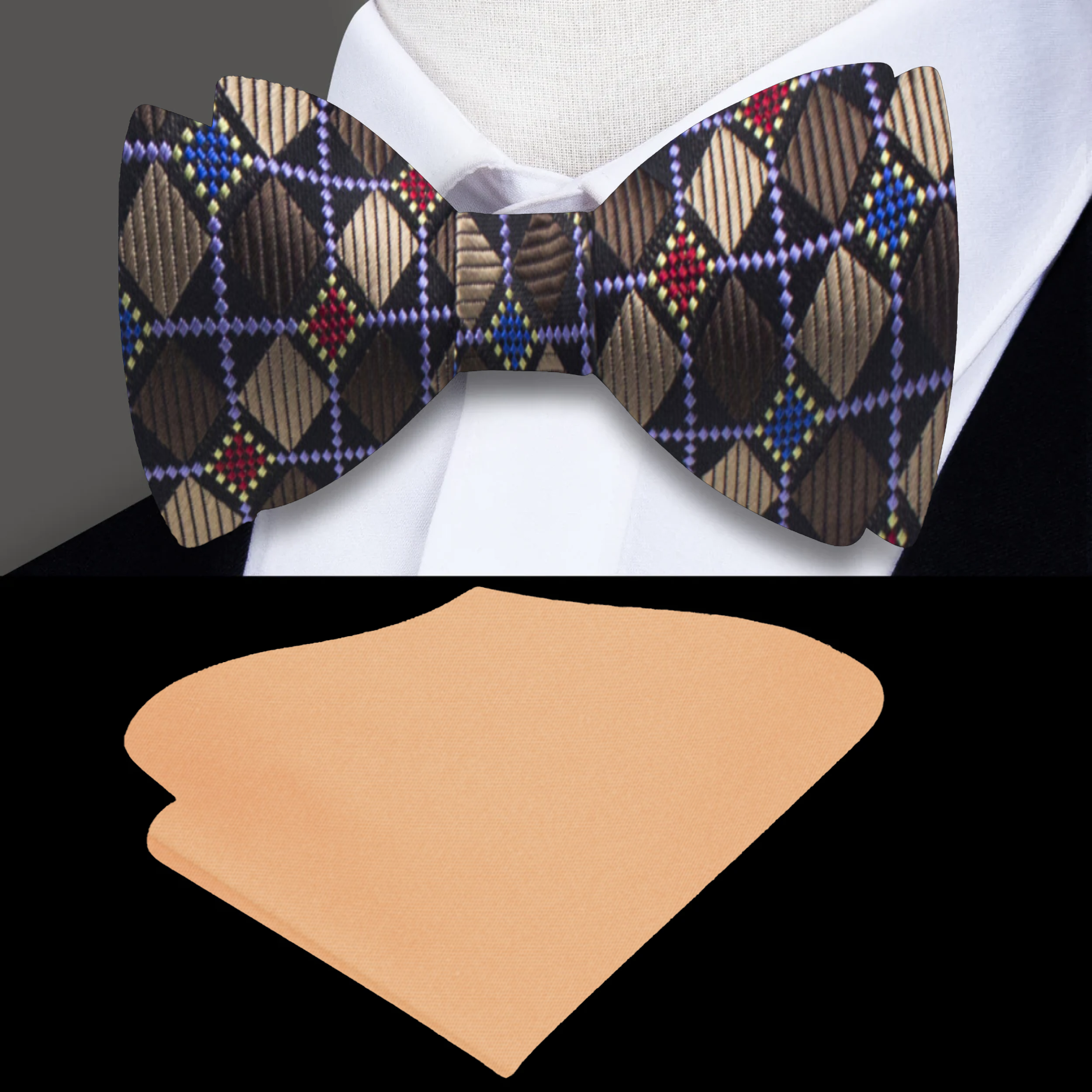 Close-up view of the geometric design of the self-tie bow tie, highlighting the silk material and vibrant colors.