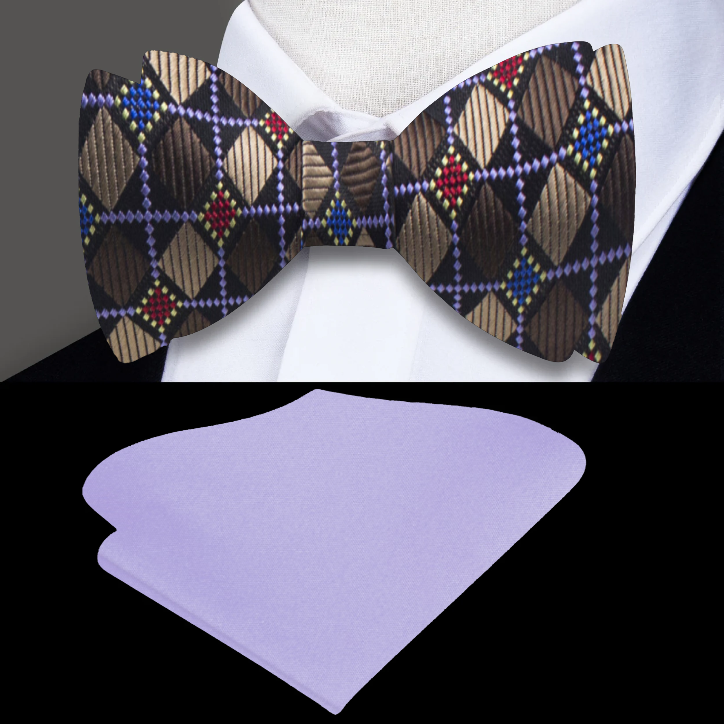 Stylish self-tie bow tie showcasing a geometric pattern in brown, blue, and red, ideal for formal events.