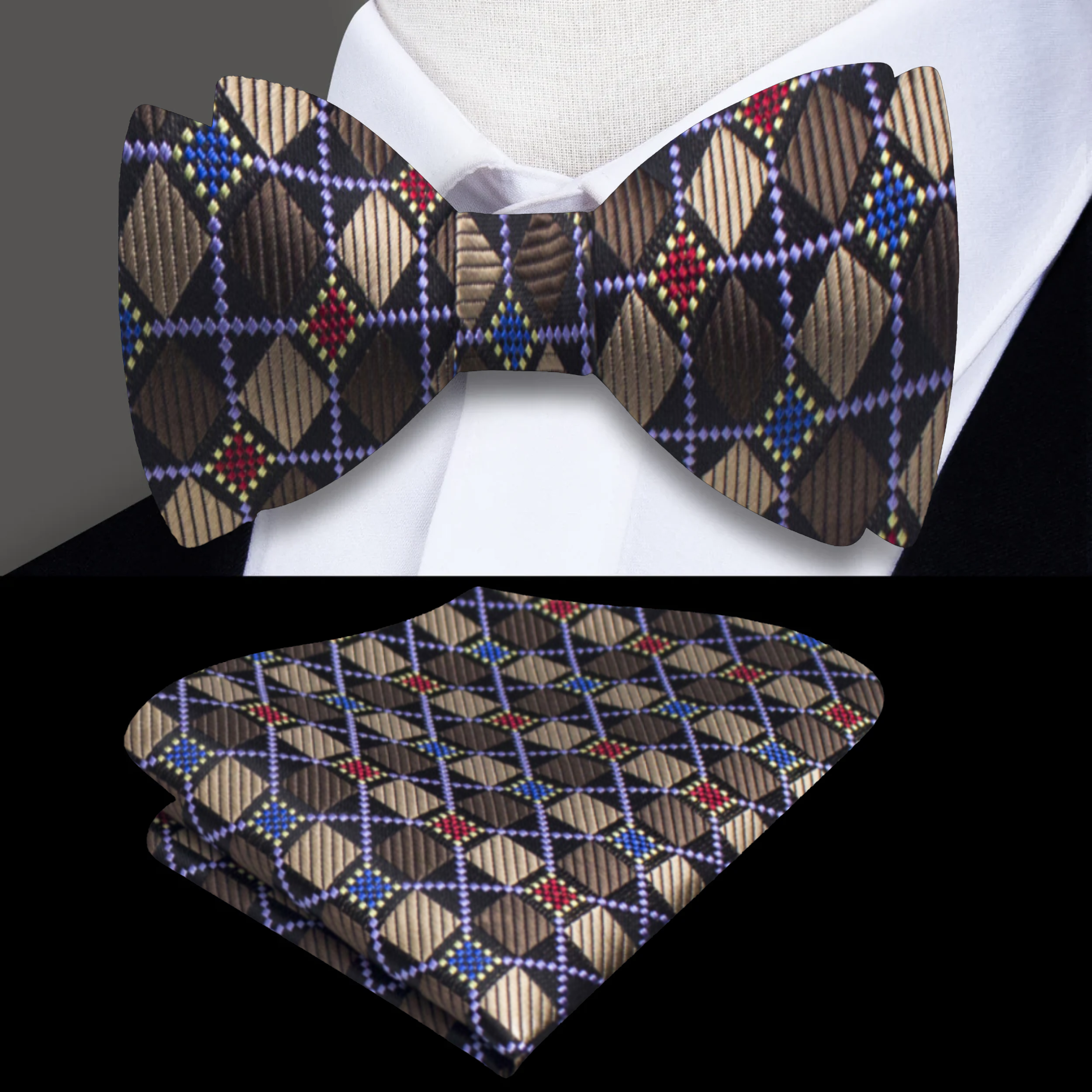 Model wearing the geometric self-tie bow tie with a navy suit, demonstrating its stylish appeal for evening gatherings.