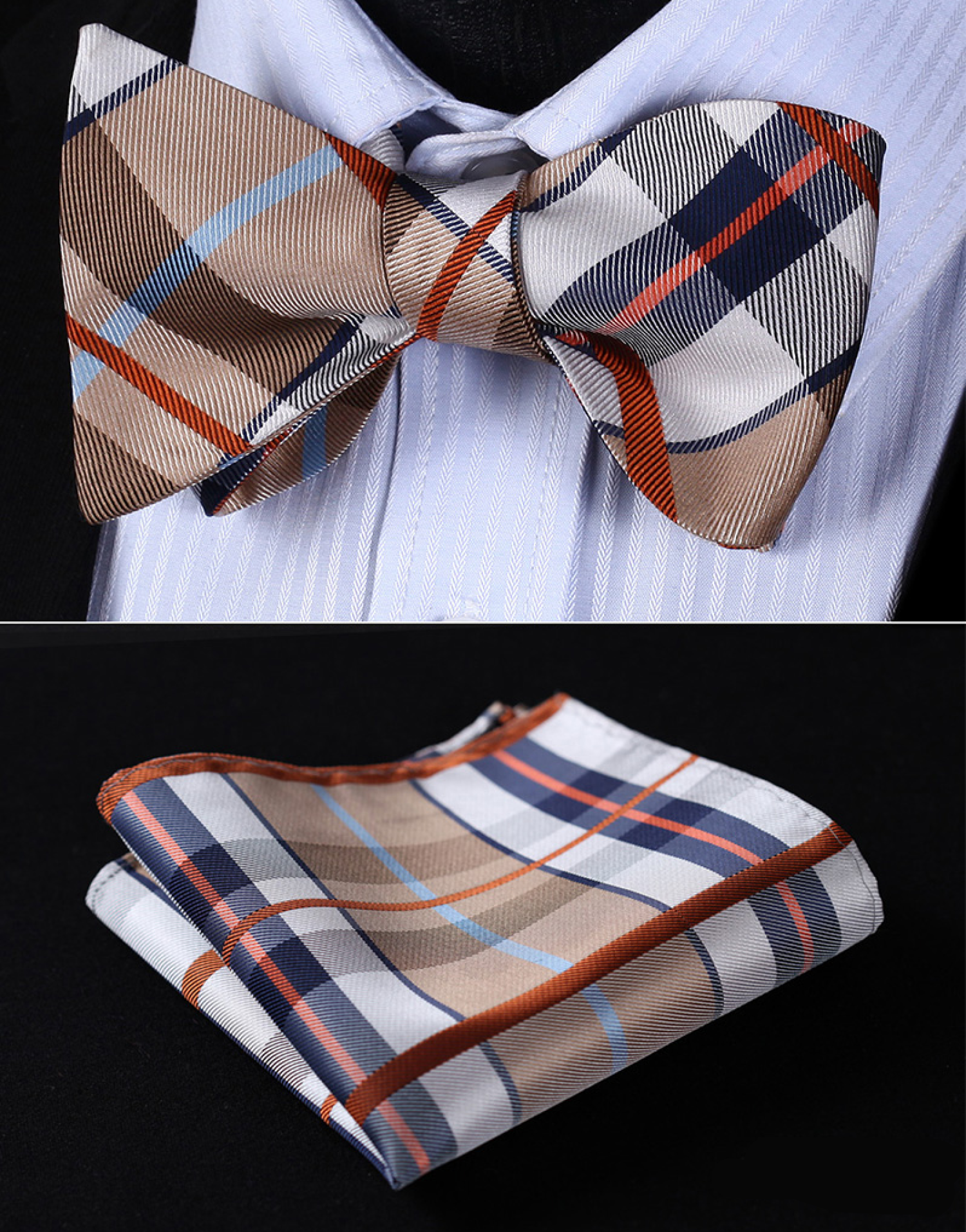 Brown, red, and blue plaid bow tie set displayed on a crisp white shirt.
