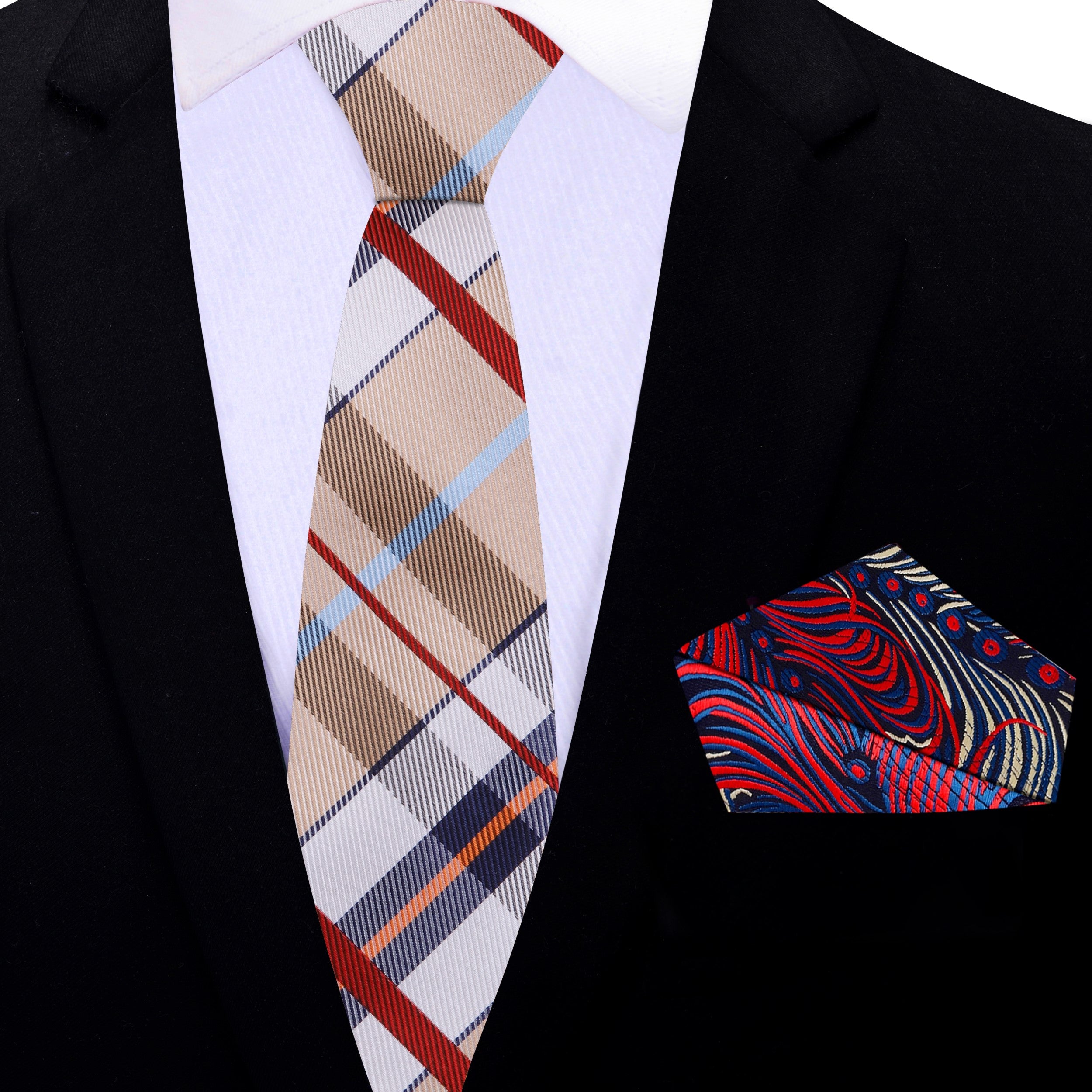 The tie paired with a crisp white dress shirt and navy suit, illustrating a sophisticated look.