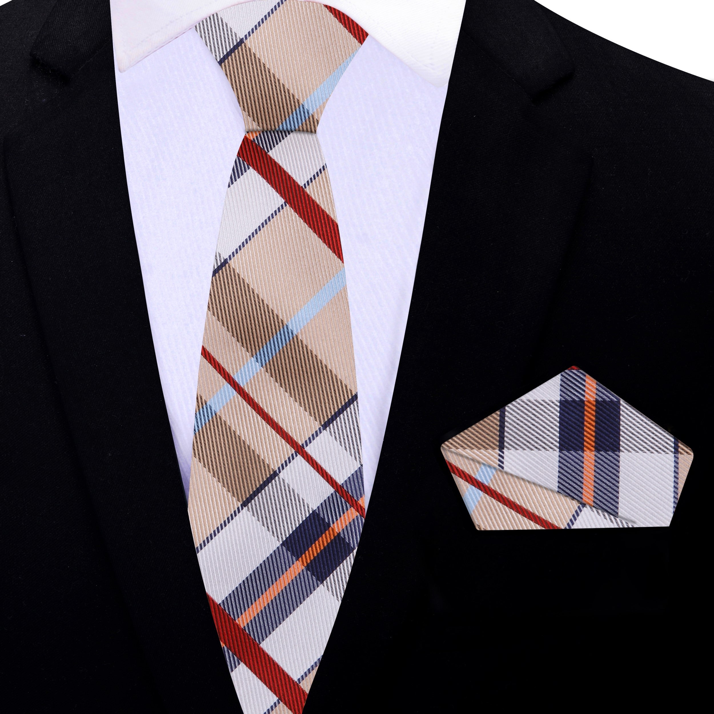 The tie paired with a crisp white dress shirt and navy suit, illustrating a sophisticated look.