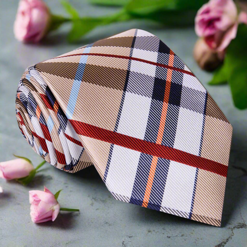 Front view of the classic brown plaid silk tie, showcasing its elegant design.
