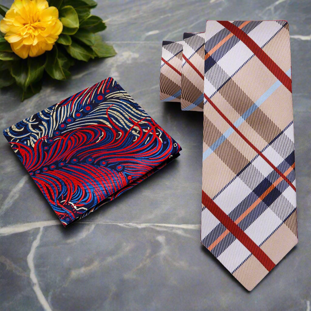 Front view of the classic brown plaid silk tie, showcasing its elegant design.