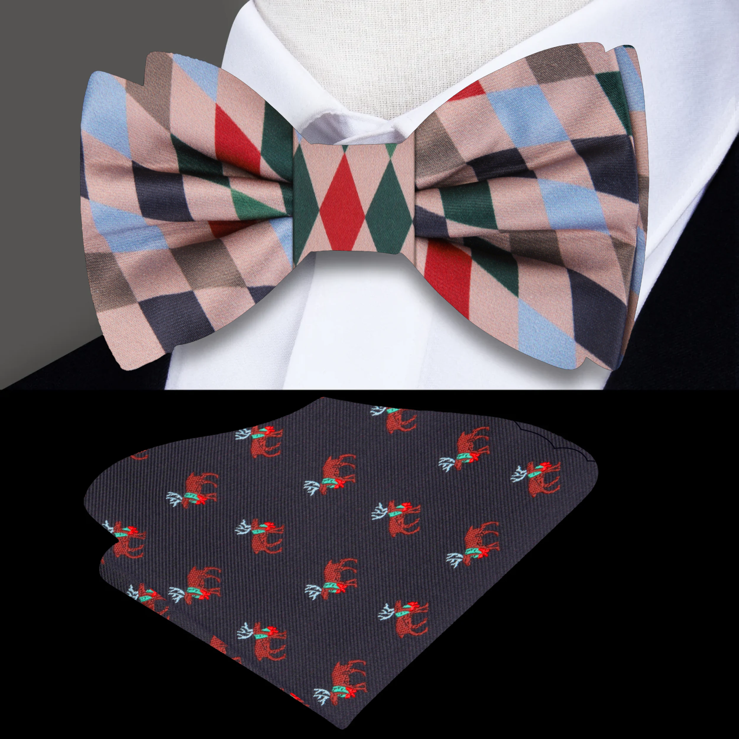 Close-up of the Christmas Harlequin Diamonds Silk Bow Tie highlighting intricate patterns and colors.