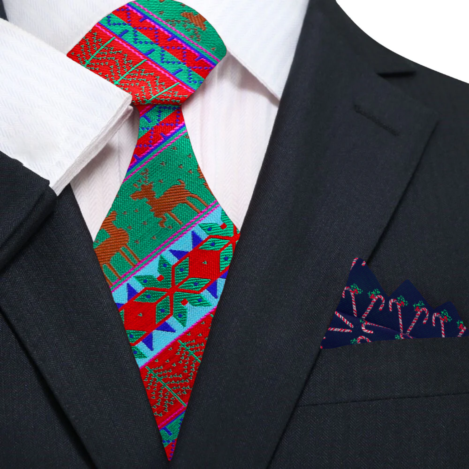 Model wearing the festive necktie with a crisp white shirt at a holiday gathering.