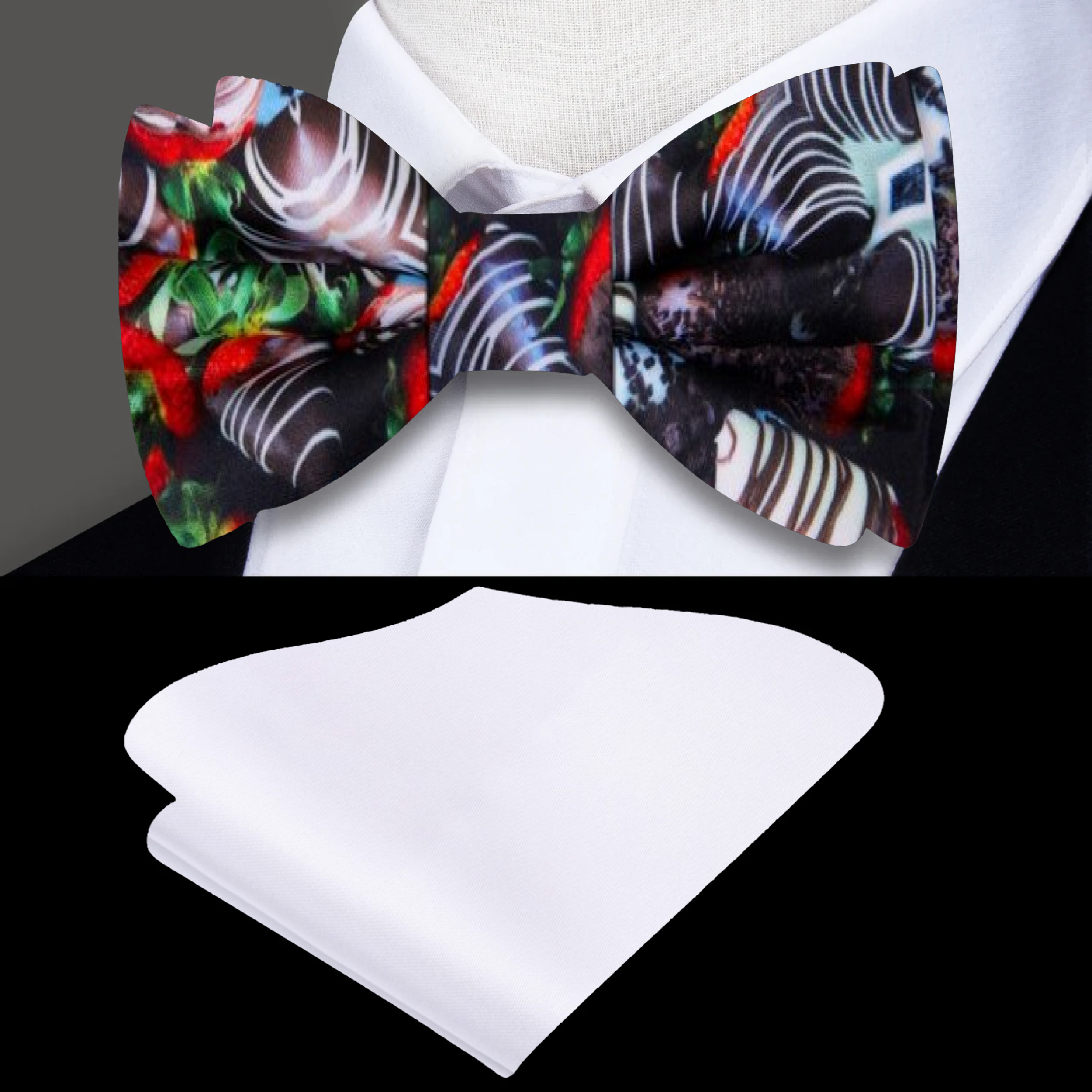 Close-up of the chocolate covered strawberries pattern bow tie, highlighting the playful design