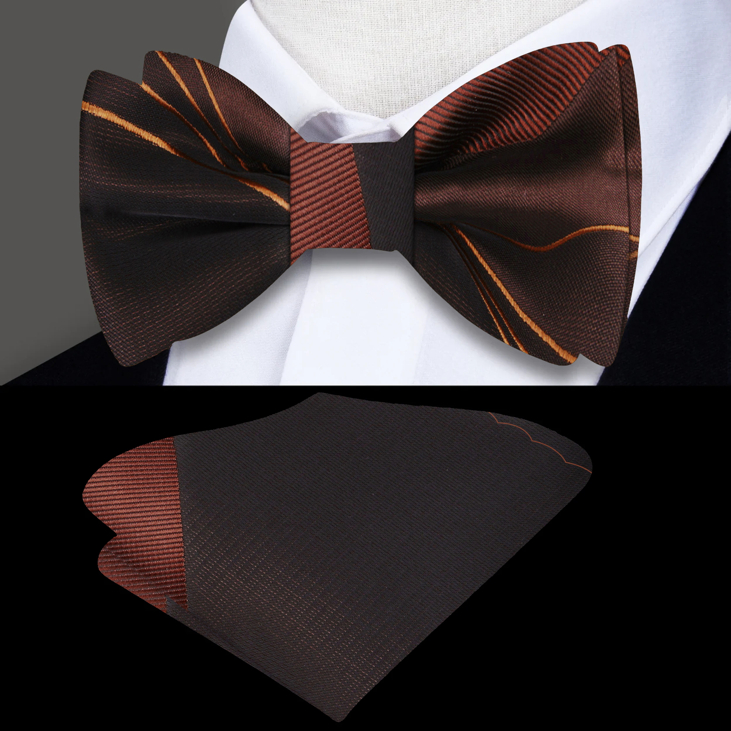 Elegant brown abstract silk bow tie displayed against a white shirt, showcasing its intricate pattern.