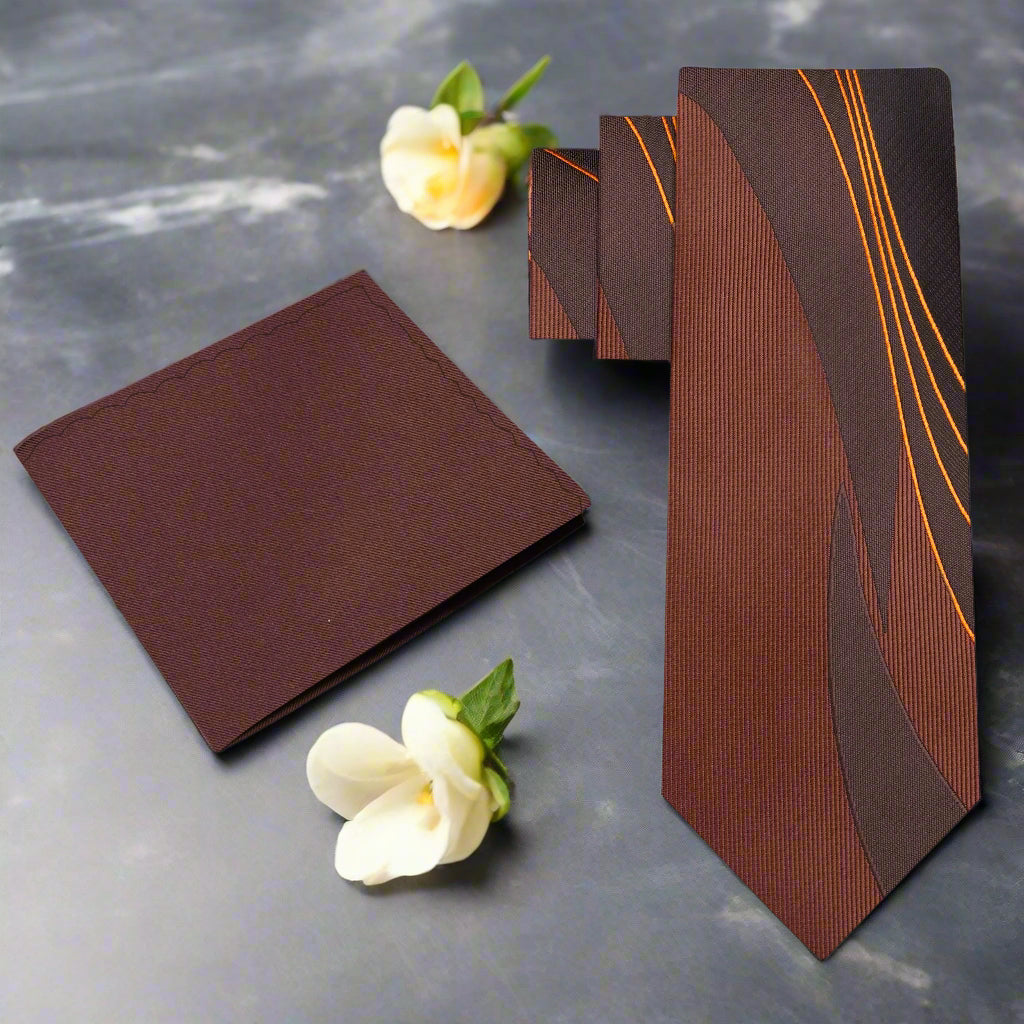 Front view of stylish silk necktie with abstract brown pattern for formal occasions