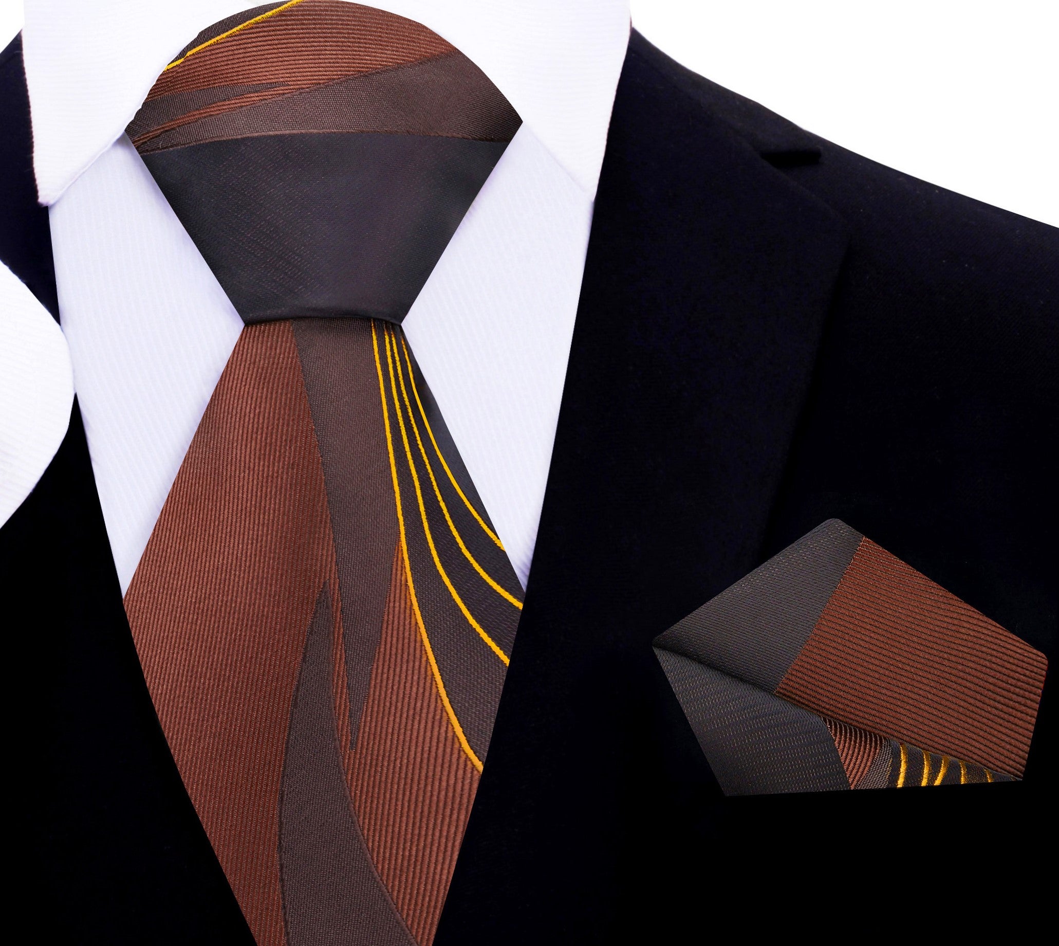 Front view of stylish silk necktie with abstract brown pattern for formal occasions