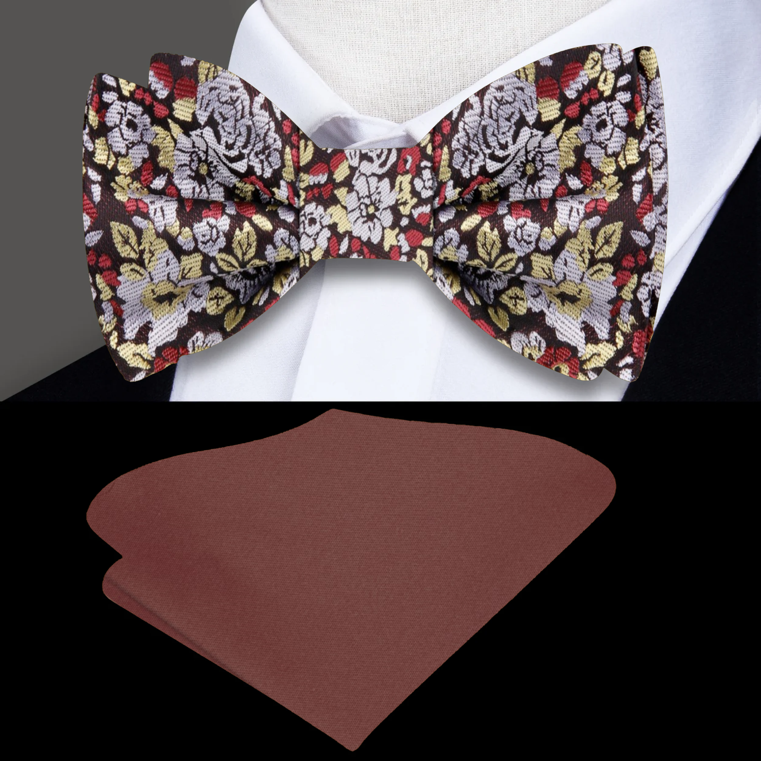 Close-up of Cranswick floral silk bow tie showing detailed pattern and rich colors