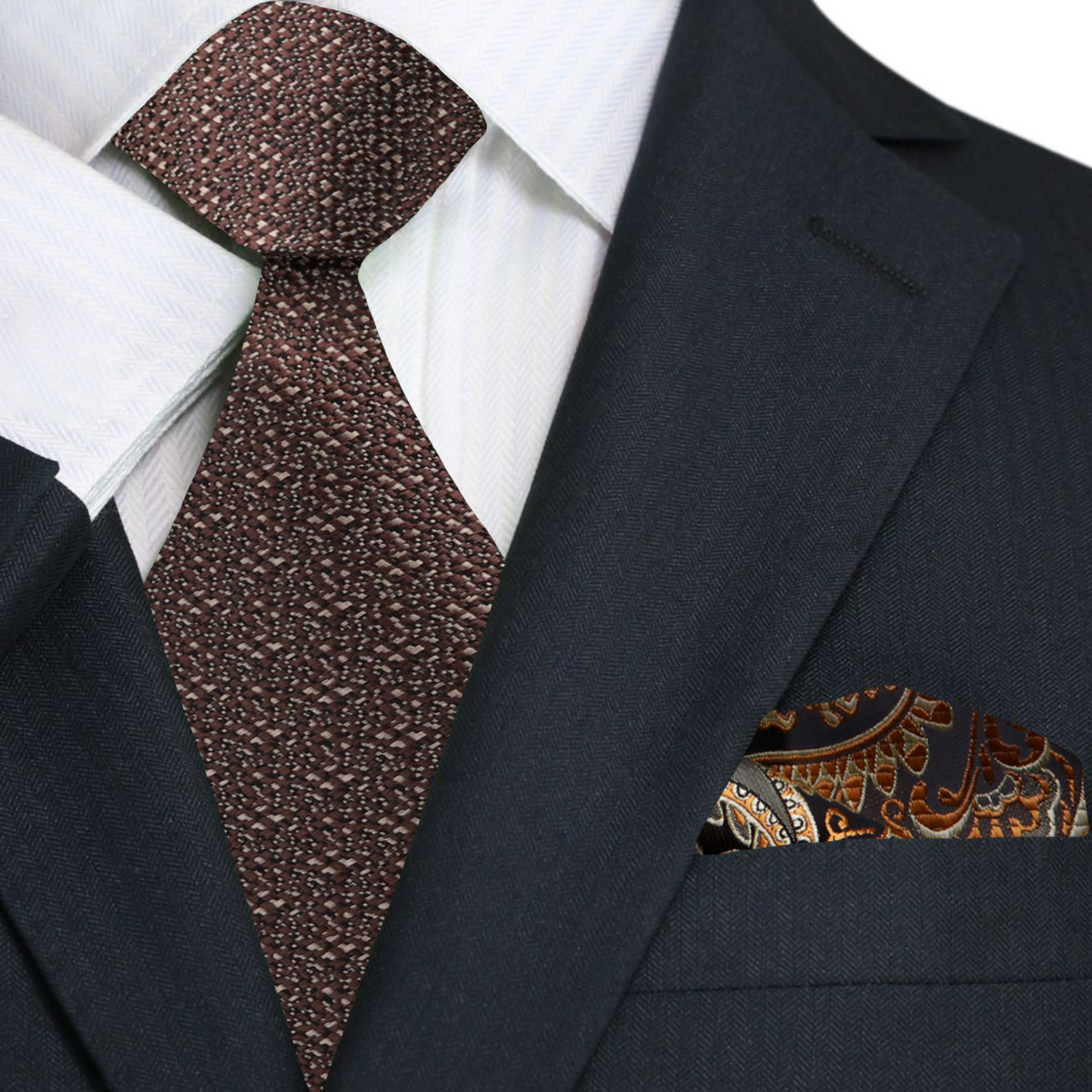 Luxury mens tie and pocket square set laid out against a beige background, highlighting the rich brown tones.
