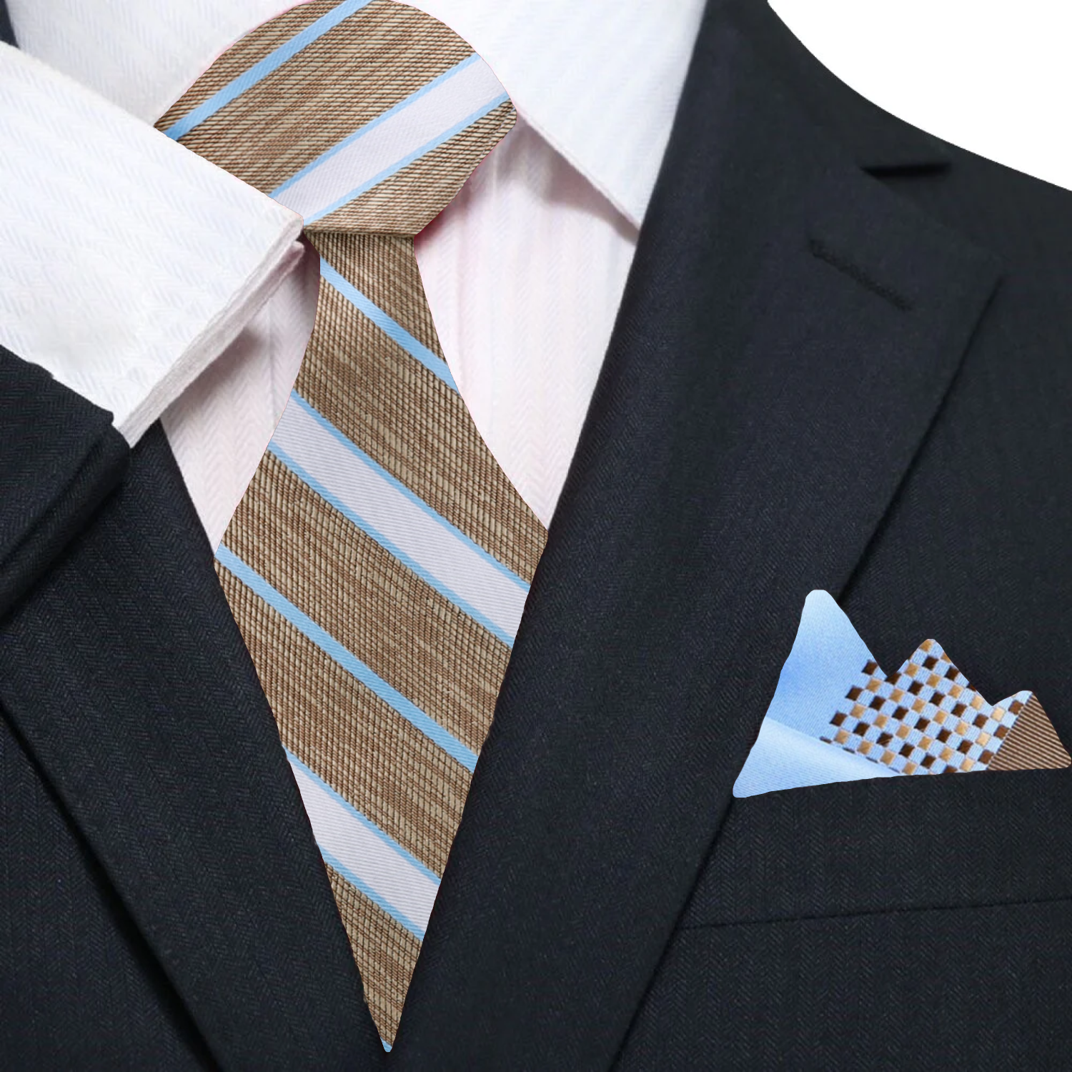 Close-up of the striped necktie paired with a matching pocket square, ideal for a sophisticated look at a wedding.