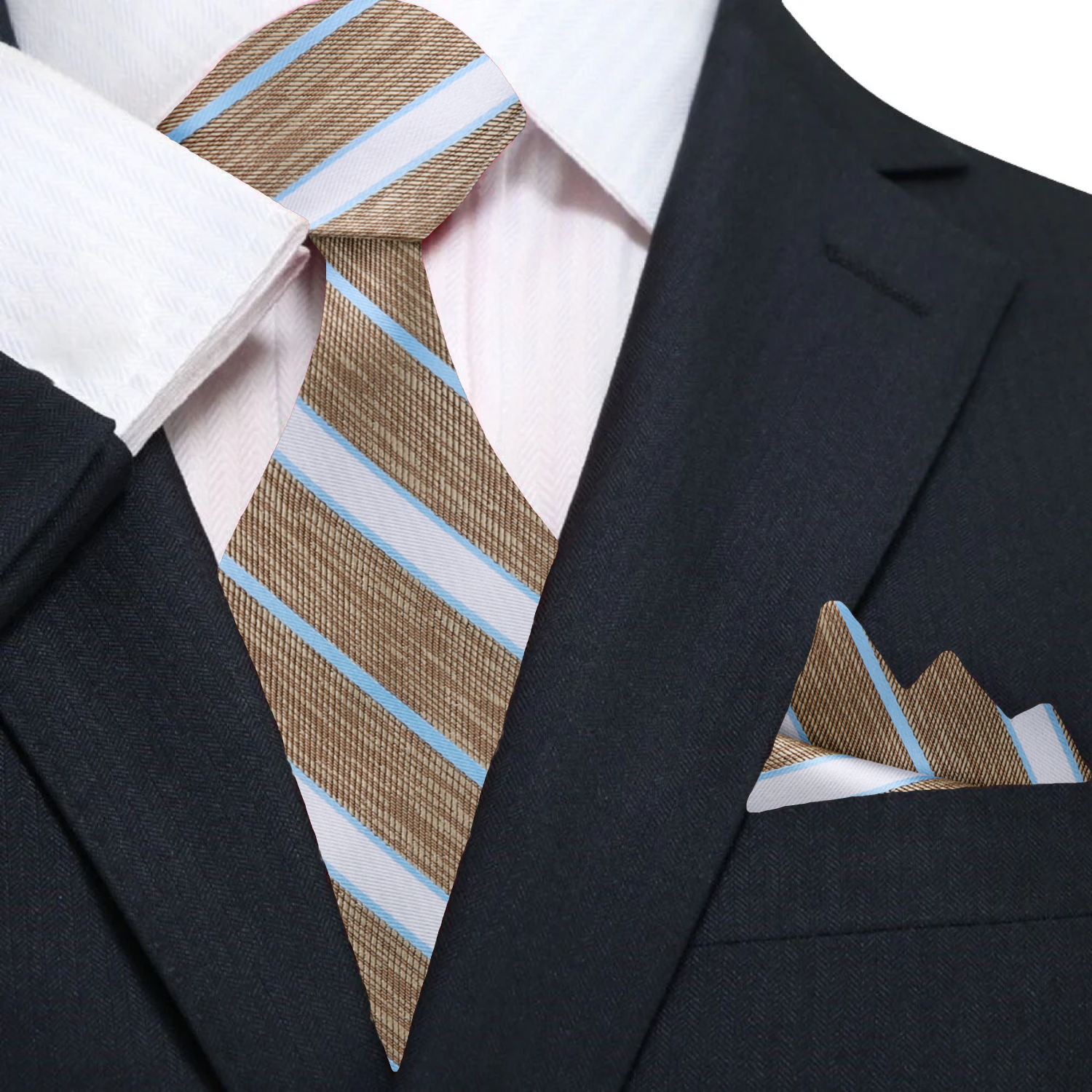 Elegant striped silk necktie displayed on a white dress shirt, showcasing its rich colors and fine details.