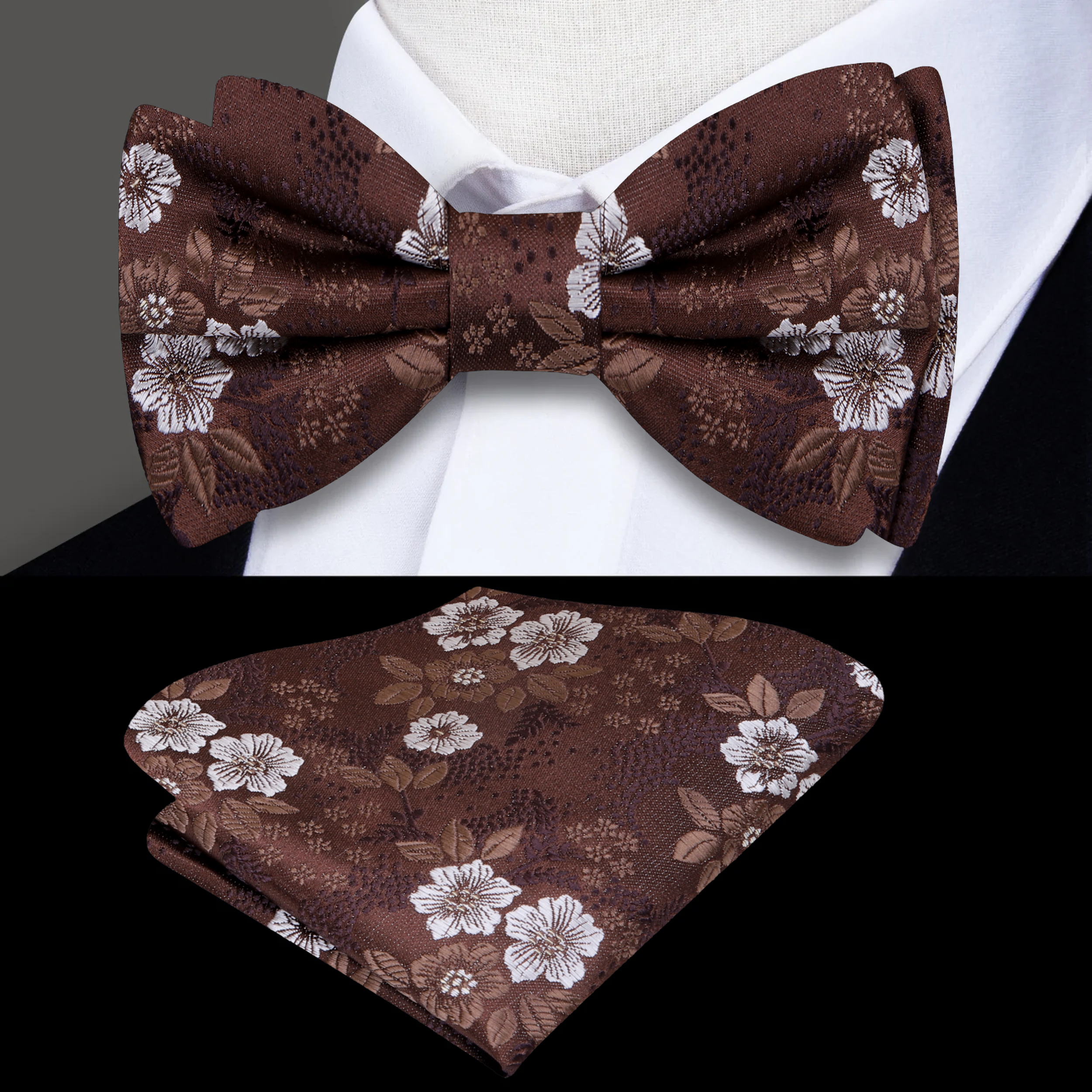 Close-up of kids floral bow tie with adjustable strap and floral pattern