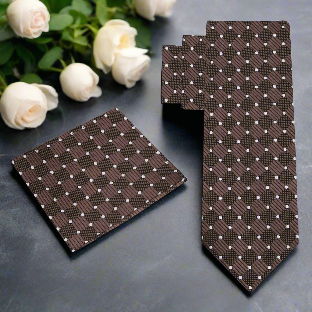 Mens dark brown silk tie with geometric pattern, front view