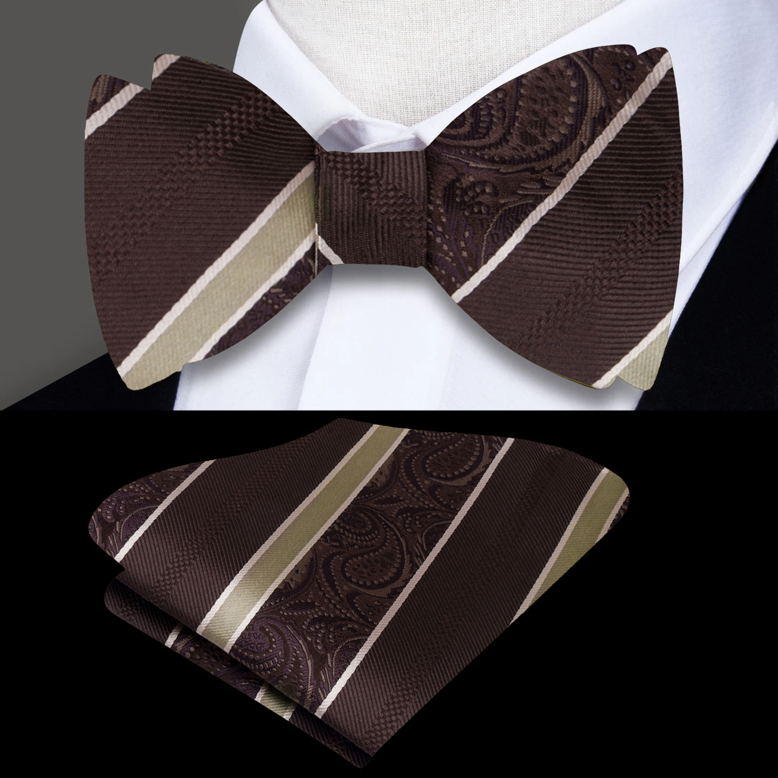 Front-facing view of the silk bow tie with matching pocket square for formal events